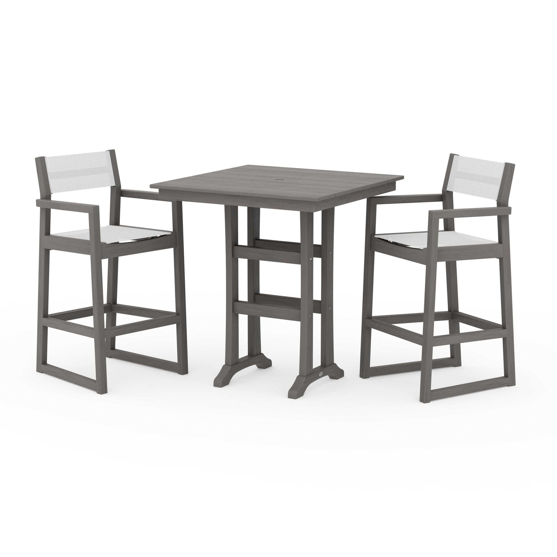 POLYWOOD EDGE Sling Arm Chair 3-Piece Farmhouse Bar Set with Trestle Legs — Driftwood / White Sling