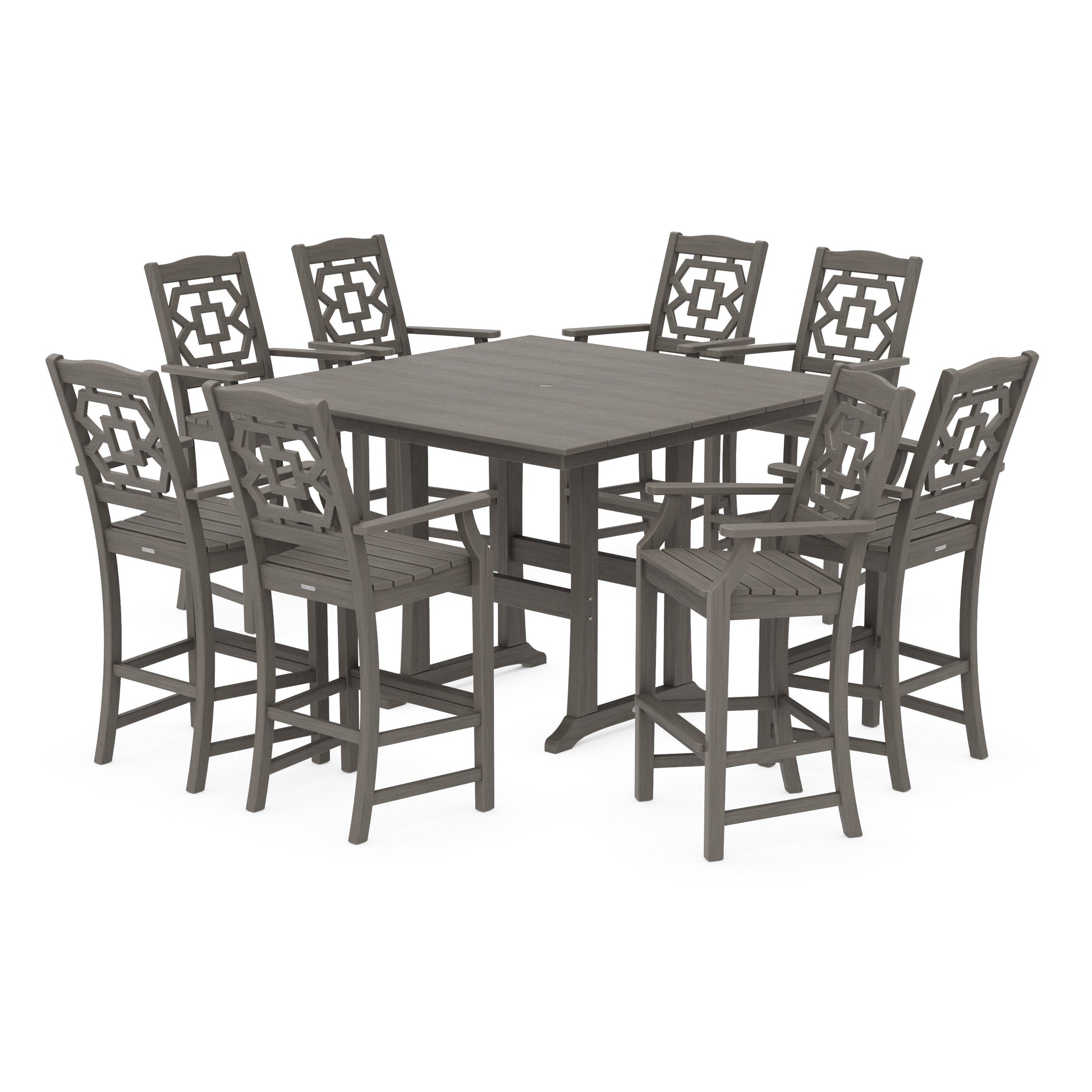 POLYWOOD Chinoiserie 9-Piece Square Farmhouse Side Chair Bar Set with Trestle Legs — Driftwood