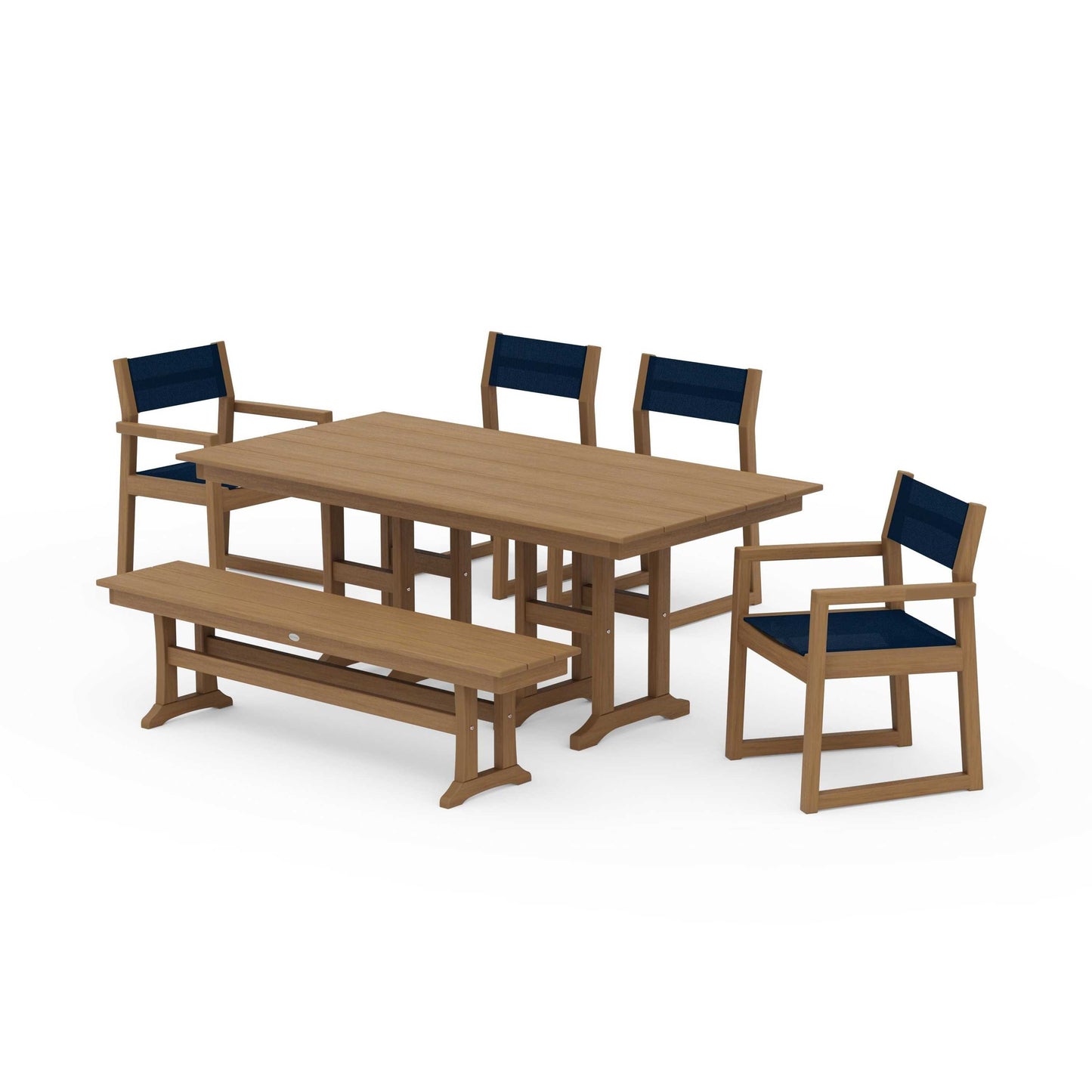 POLYWOOD EDGE Sling 6-Piece Farmhouse Dining Set — Natural / Navy Blue Sling