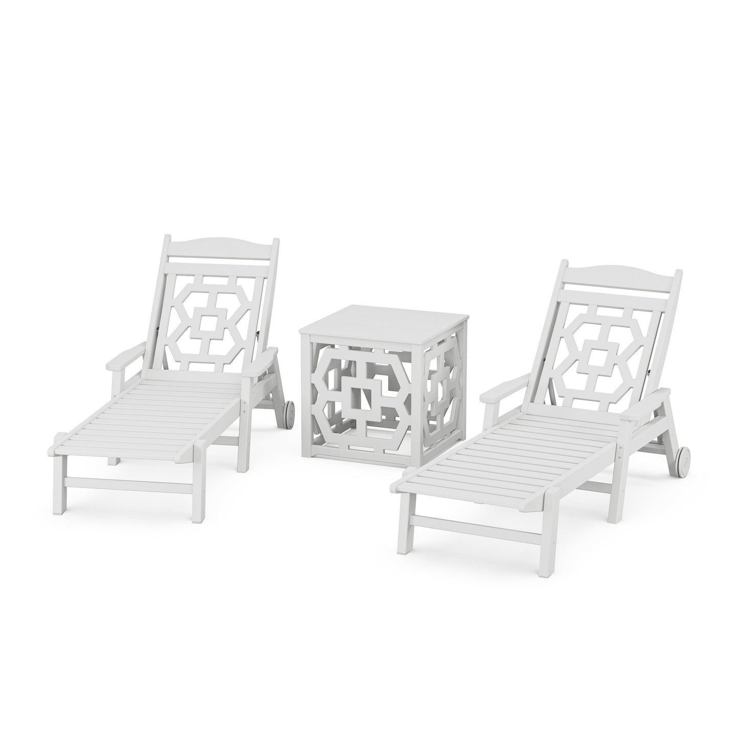 POLYWOOD Chinoiserie 3-Piece Chaise Set with Umbrella Stand Accent Table — White