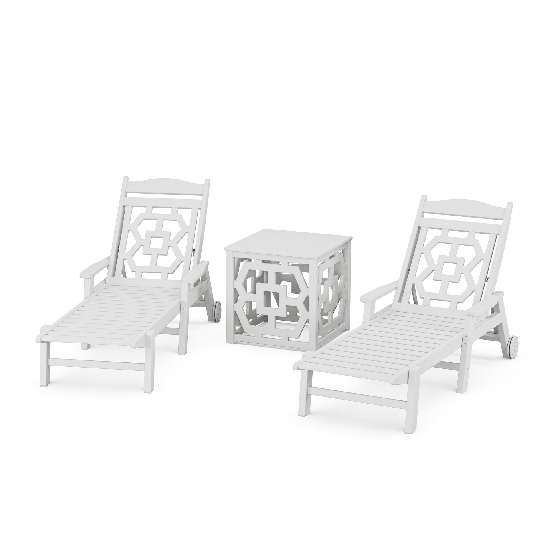 POLYWOOD Chinoiserie 3-Piece Chaise Set with Umbrella Stand Accent Table — White