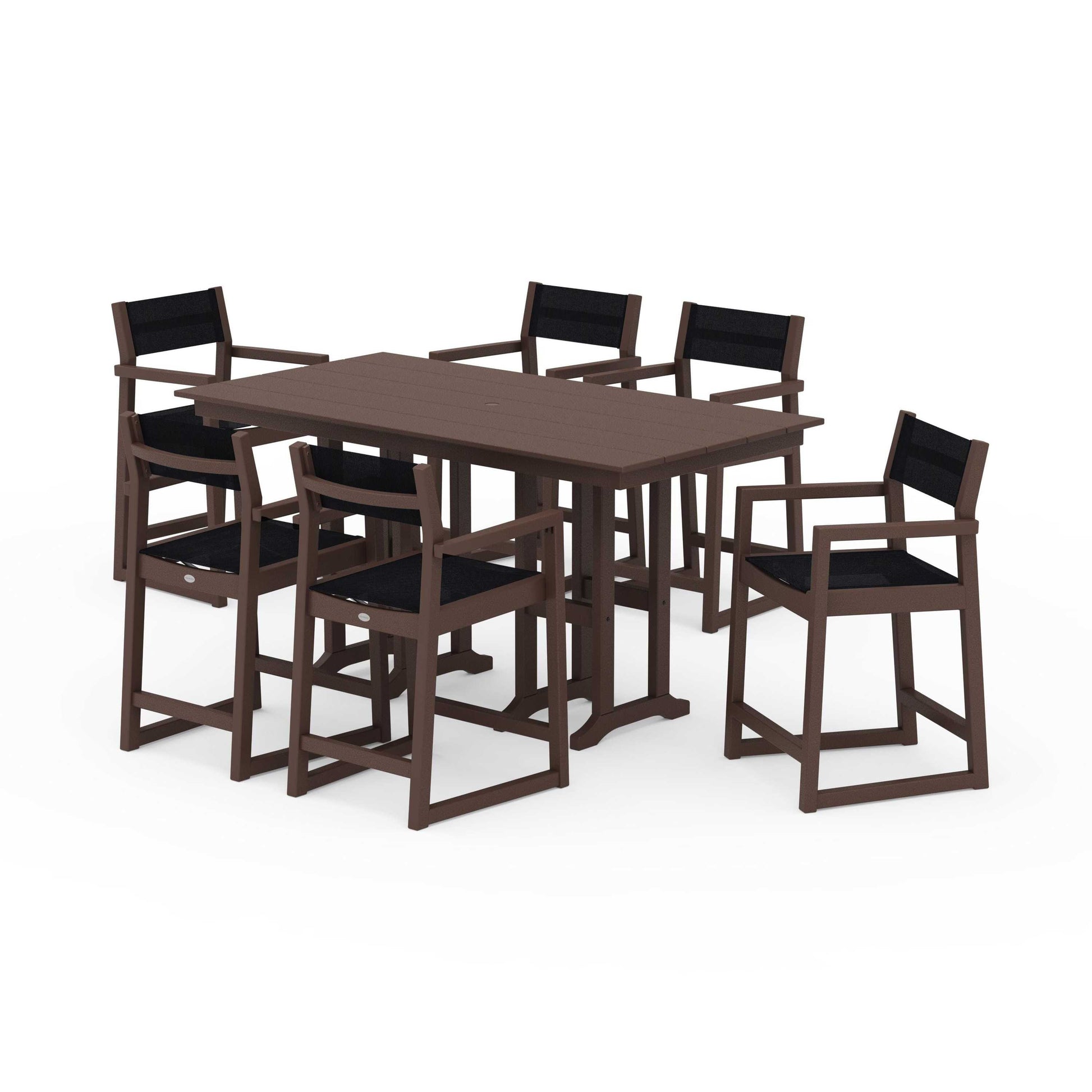 POLYWOOD EDGE Sling Arm Chair 7-Piece Farmhouse Counter Set — Mahogany / Black Sling