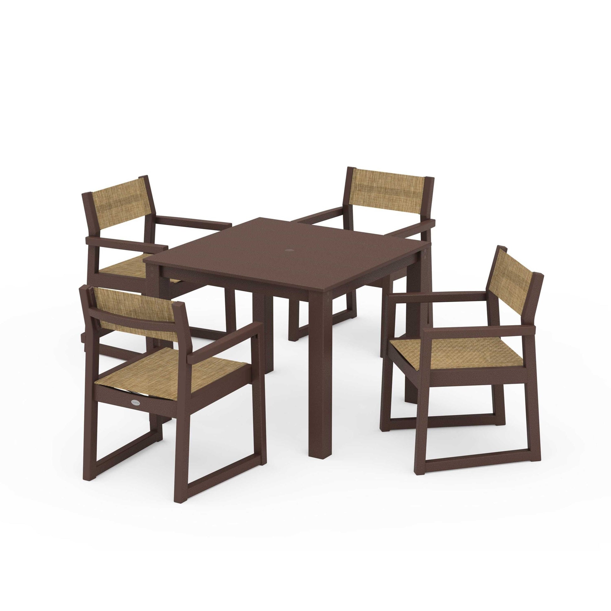 POLYWOOD EDGE Sling Arm Chair 5-Piece Parsons Dining Set — Mahogany / Burlap Sling