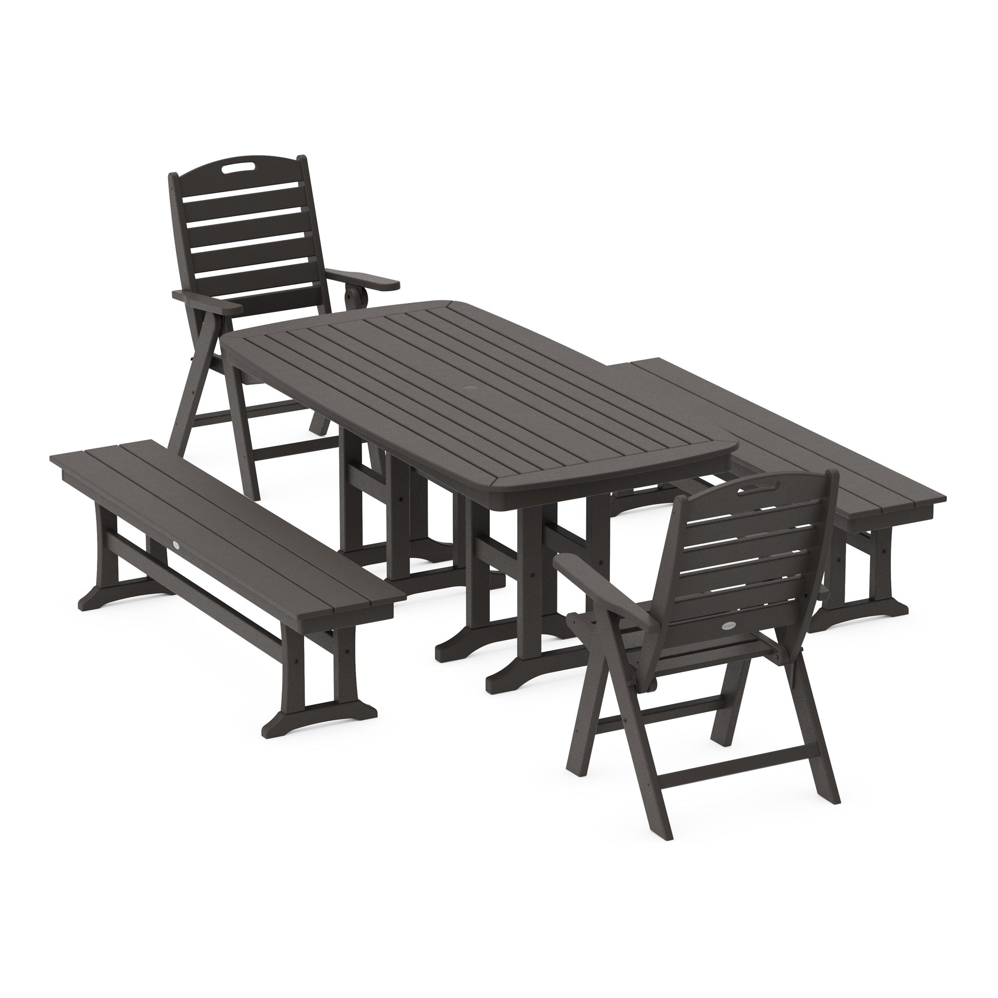 POLYWOOD Nautical Highback 5-Piece Dining Set with Benches — Vintage Coffee