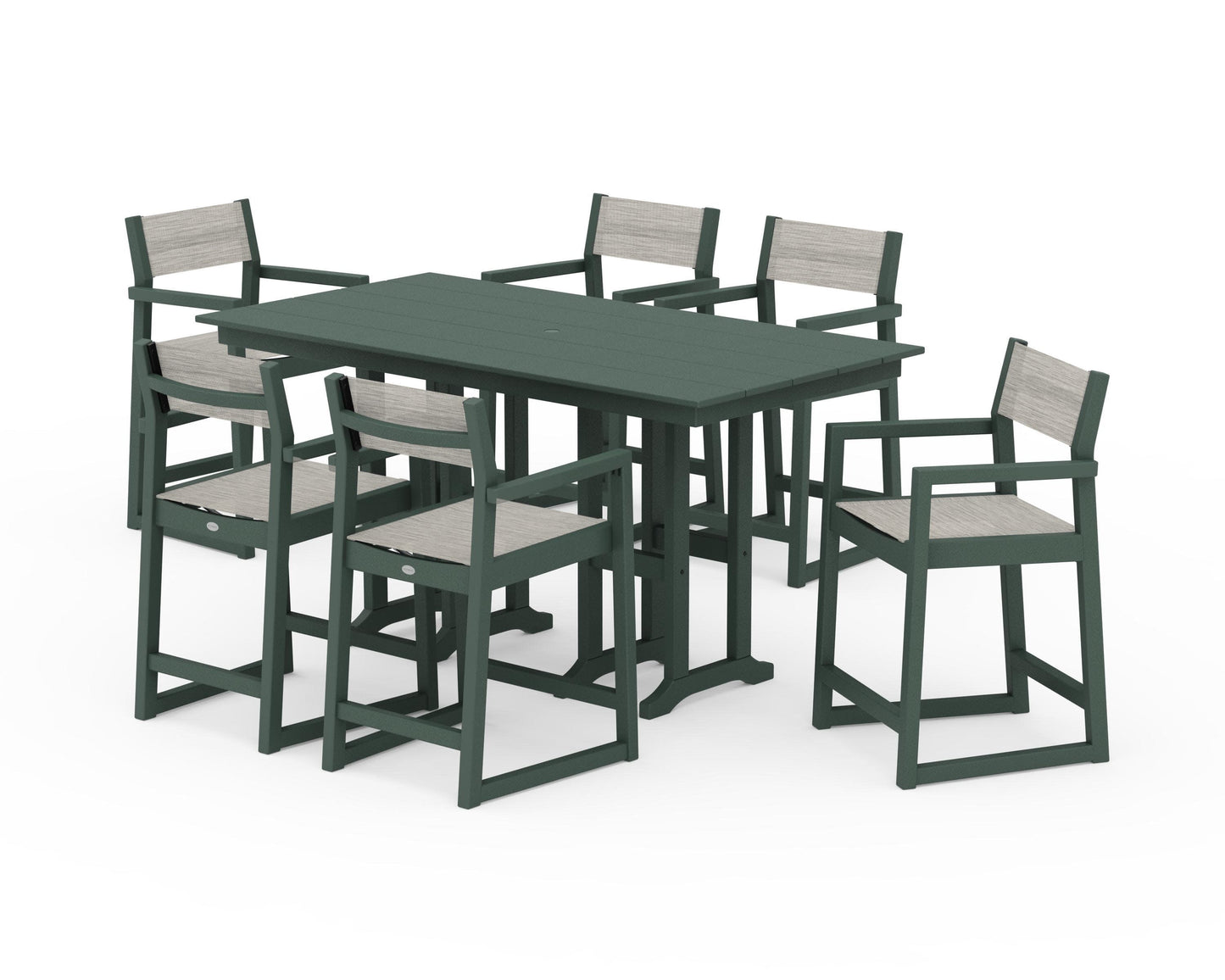 POLYWOOD EDGE Sling Arm Chair 7-Piece Farmhouse Counter Set — Green / Birch Sling