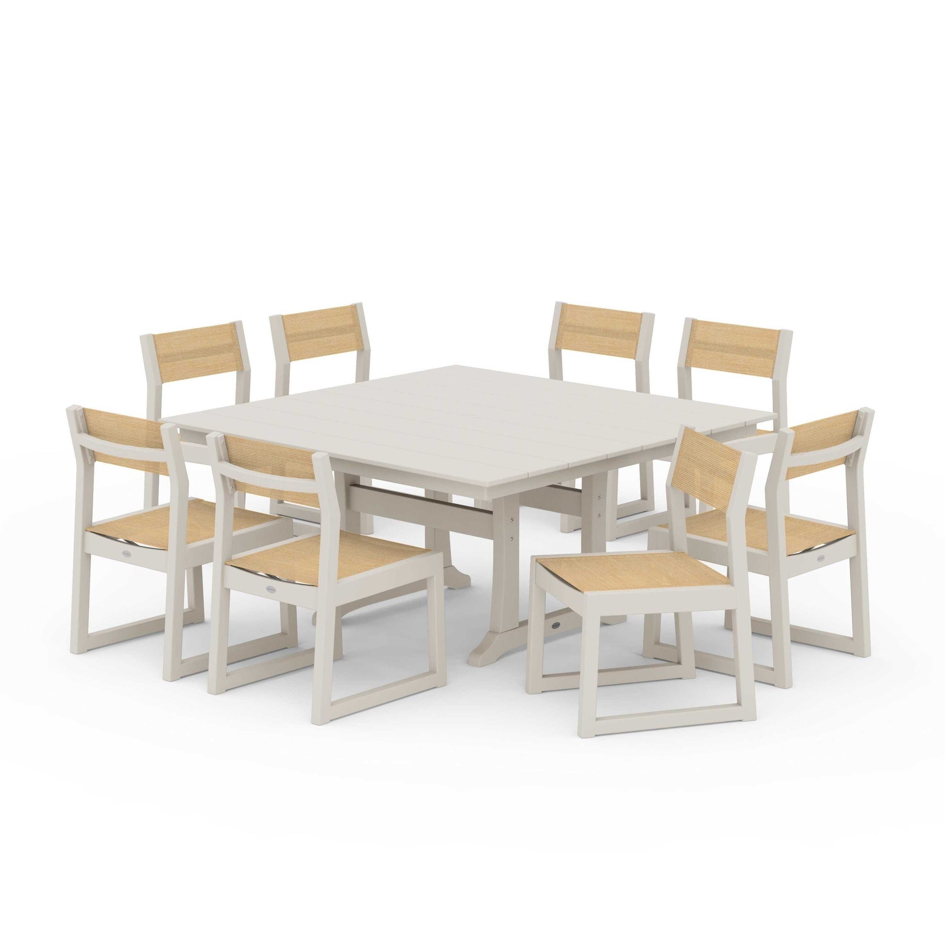 POLYWOOD EDGE Sling Side Chair 9-Piece Farmhouse Trestle Dining Set — Sand / Dupioni Apricot Sling