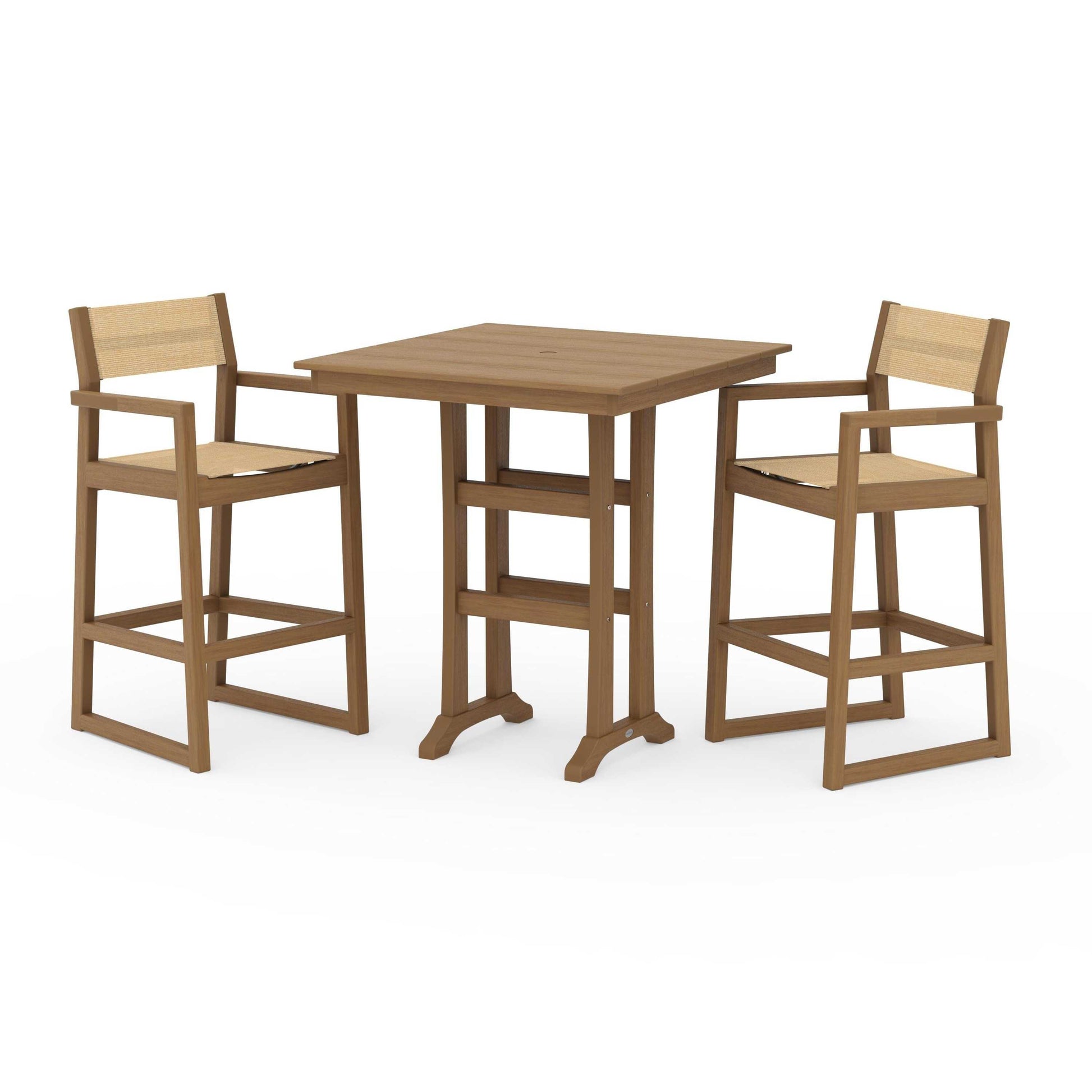 POLYWOOD EDGE Sling Arm Chair 3-Piece Farmhouse Bar Set with Trestle Legs — Natural / Dupioni Apricot Sling