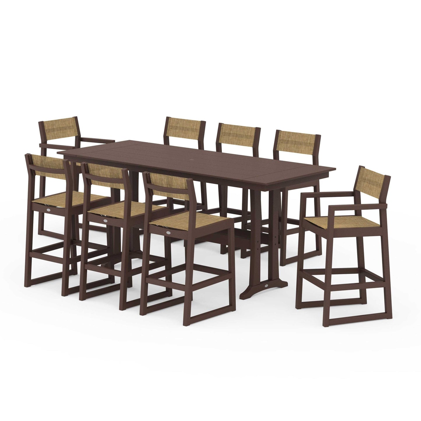 POLYWOOD EDGE Sling 9-Piece Farmhouse Bar Set with Trestle Legs — Mahogany / Burlap Sling