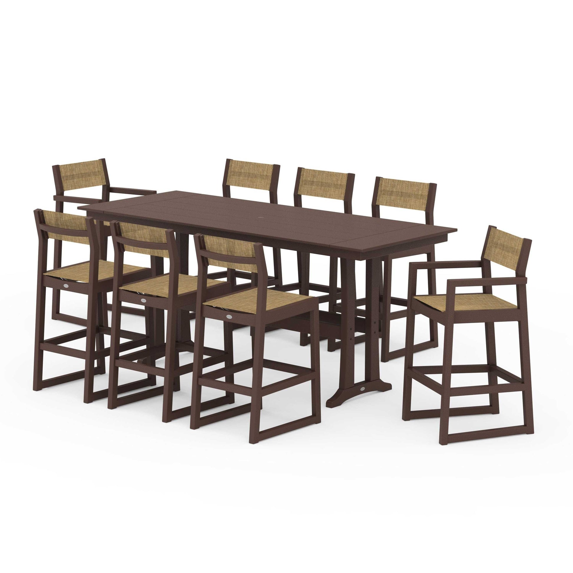 POLYWOOD EDGE Sling 9-Piece Farmhouse Bar Set with Trestle Legs — Mahogany / Burlap Sling