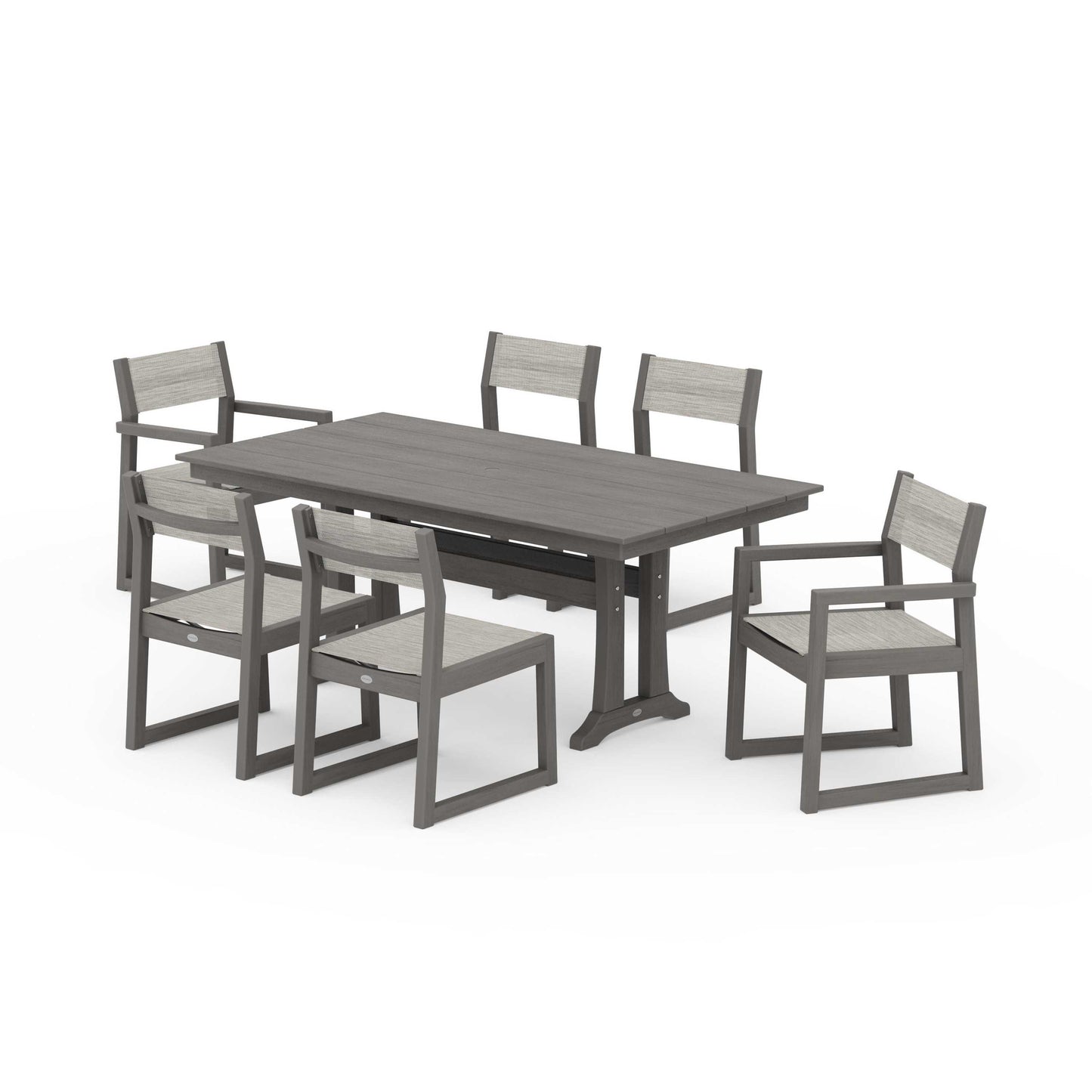 POLYWOOD EDGE Sling 7-Piece Farmhouse Trestle Dining Set — Driftwood / Birch Sling