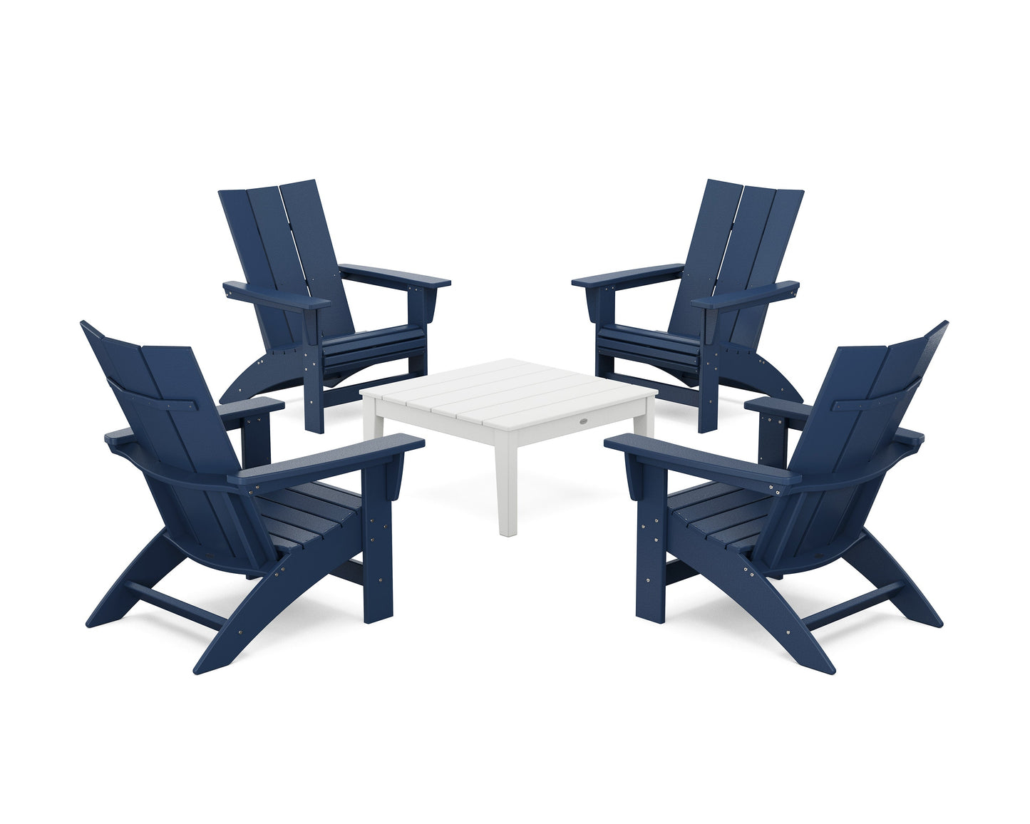 POLYWOOD 5-Piece Modern Grand Adirondack Chair Conversation Group — Navy / White