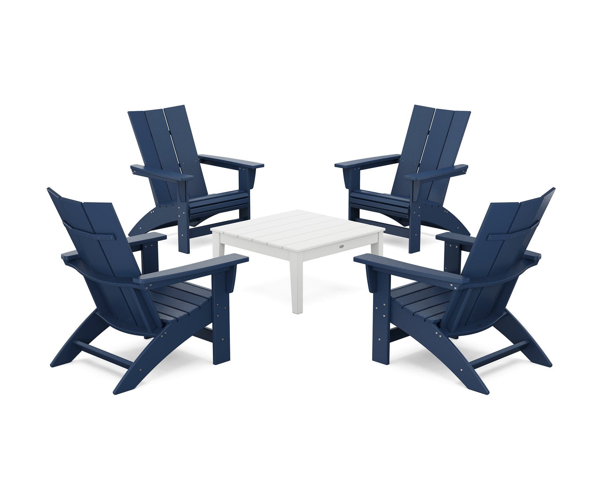 POLYWOOD 5-Piece Modern Grand Adirondack Chair Conversation Group — Navy / White