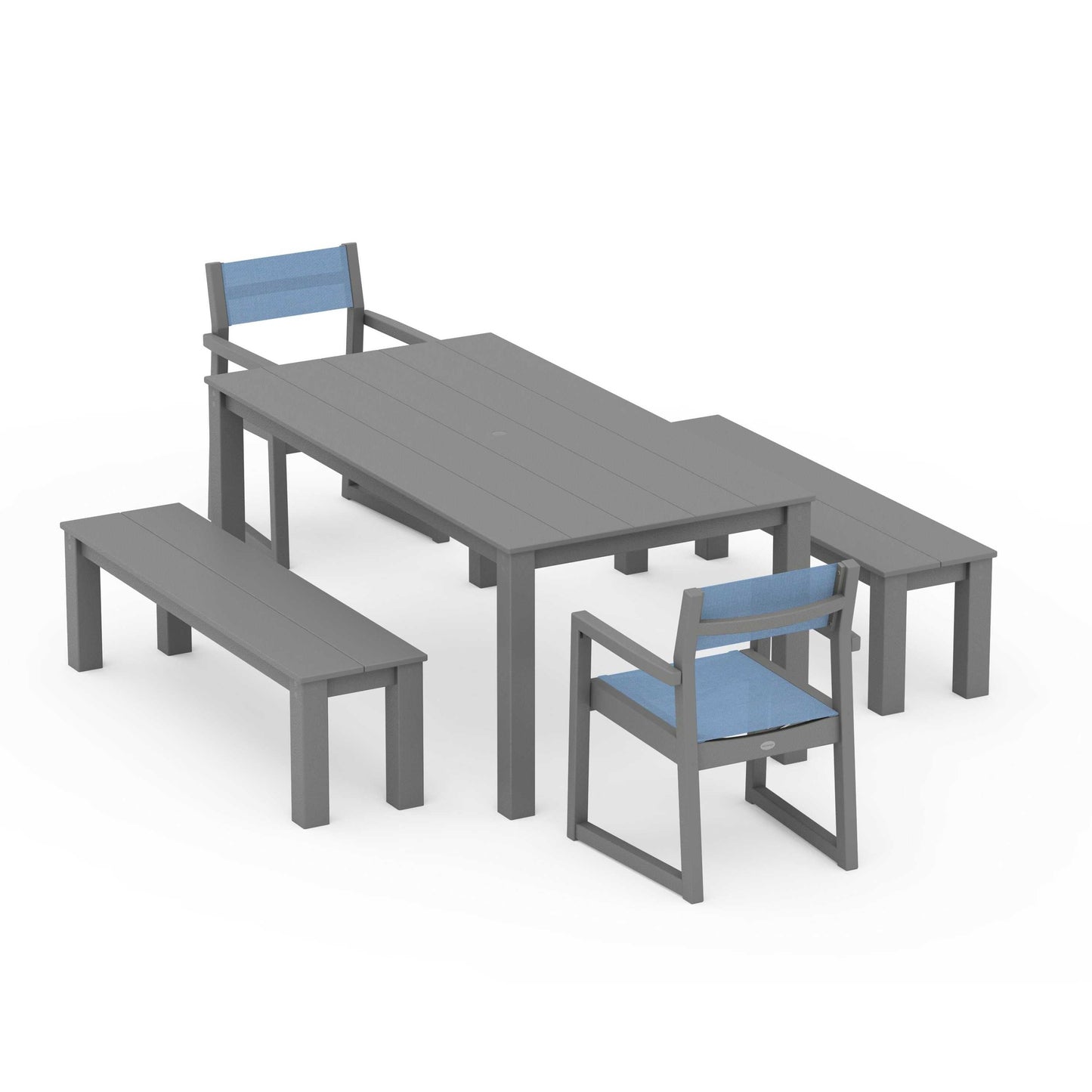 POLYWOOD EDGE Sling Arm Chair 5-Piece Parsons Dining Set with Benches — Slate Grey / Poolside Sling