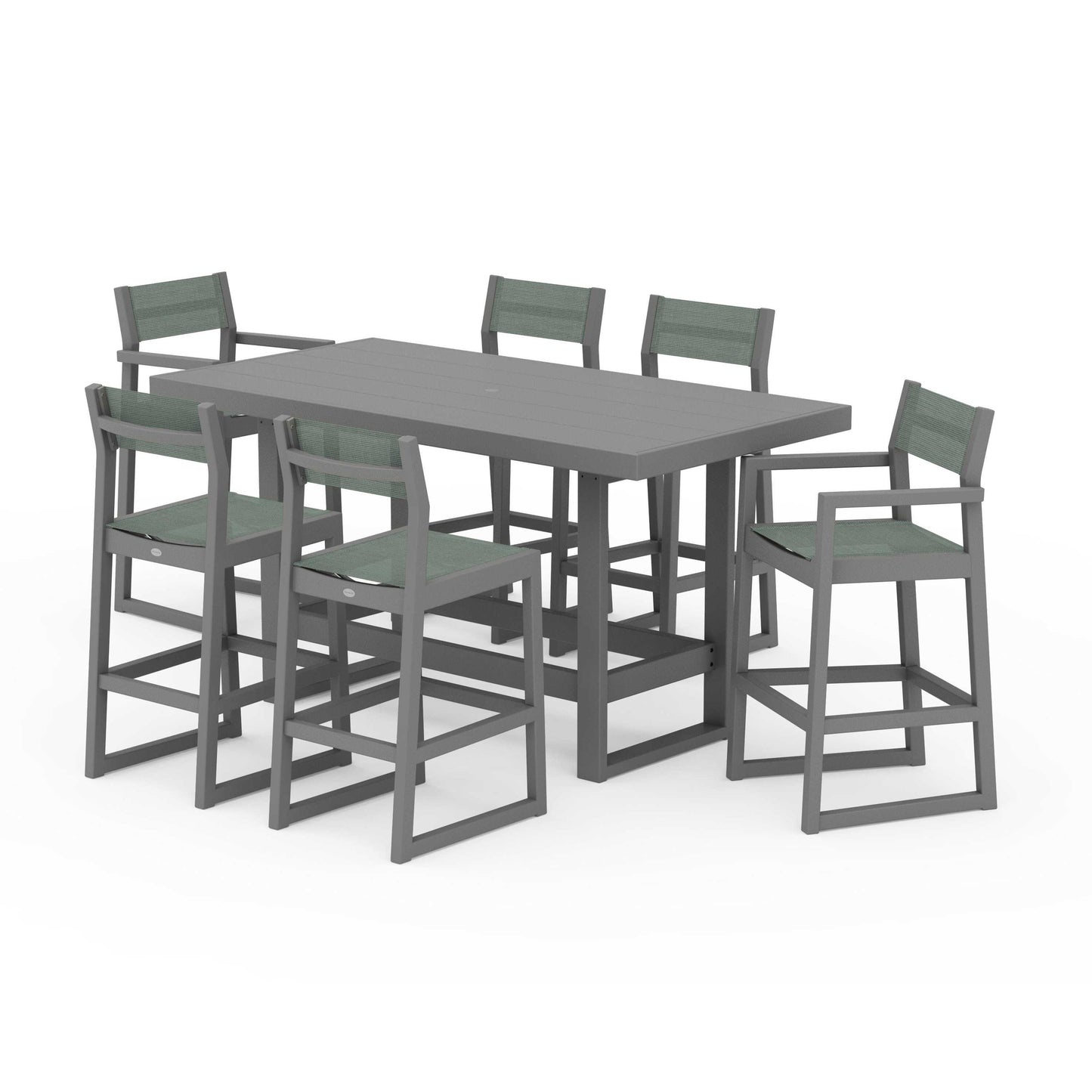 POLYWOOD EDGE Sling 7-Piece Bar Table Set — Slate Grey / Dupioni Sea Mist Sling