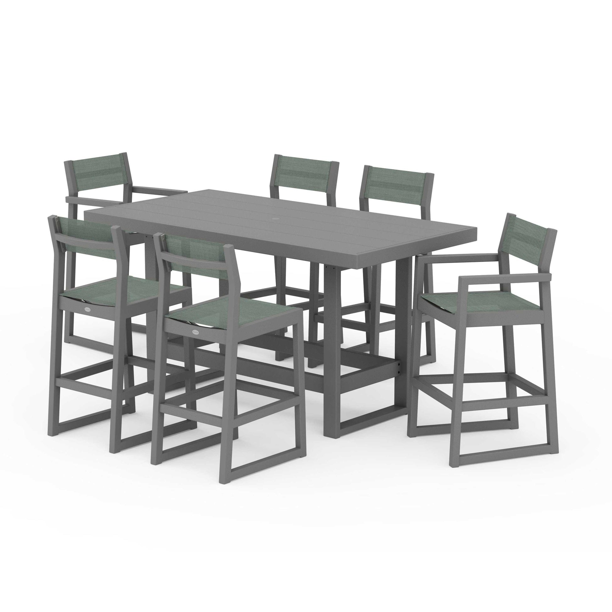 POLYWOOD EDGE Sling 7-Piece Bar Table Set — Slate Grey / Dupioni Sea Mist Sling