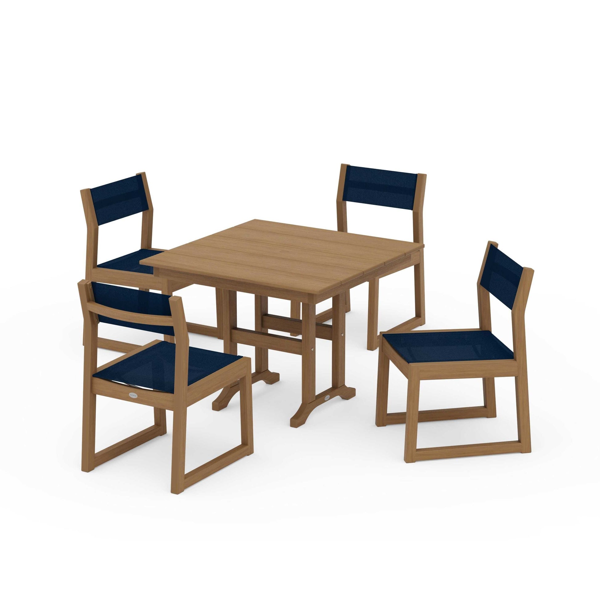 POLYWOOD EDGE Sling Side Chair 5-Piece Farmhouse Dining Set — Natural / Navy Blue Sling