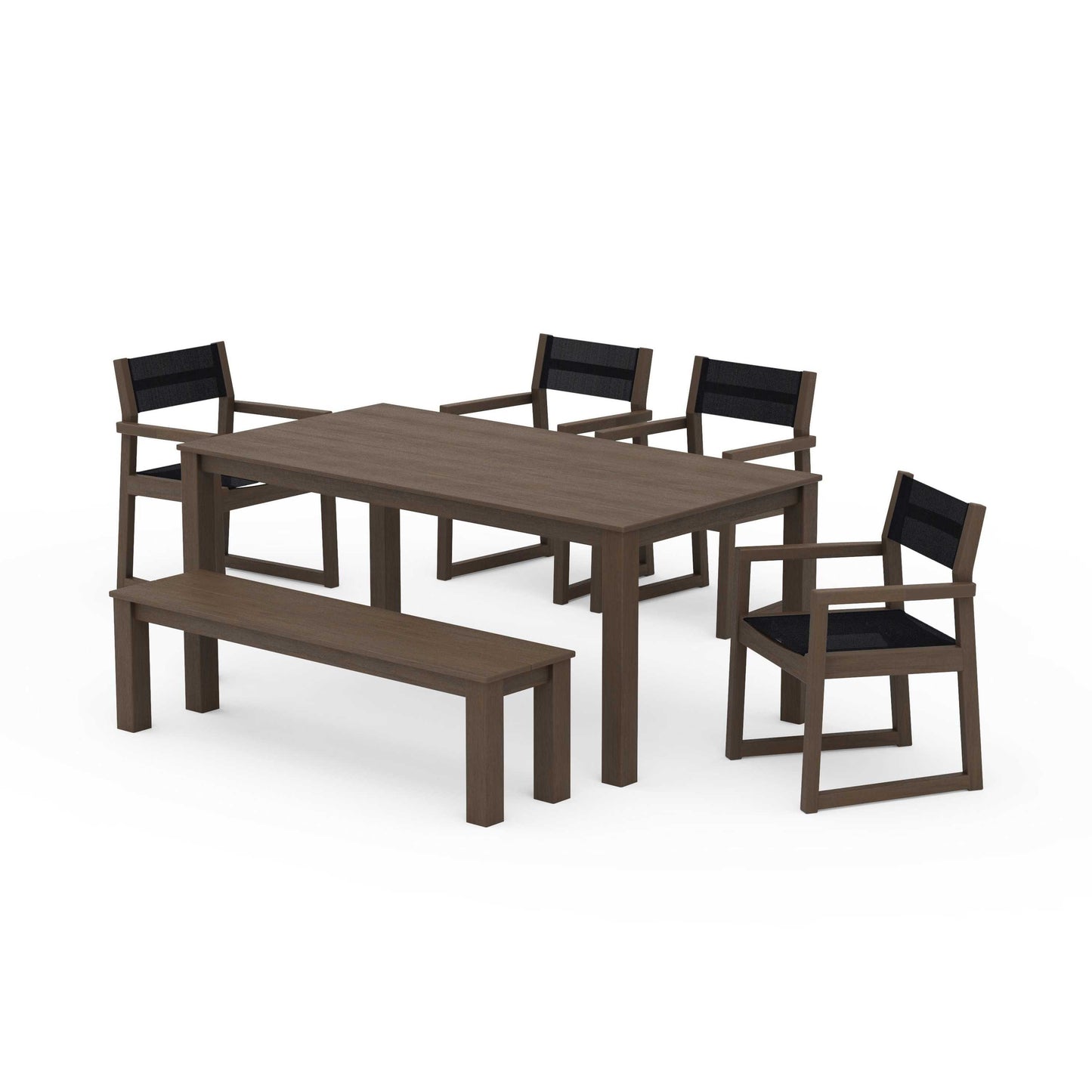 POLYWOOD EDGE Sling Arm Chair 6-Piece Parsons Dining Set with Bench — Kona / Black Sling