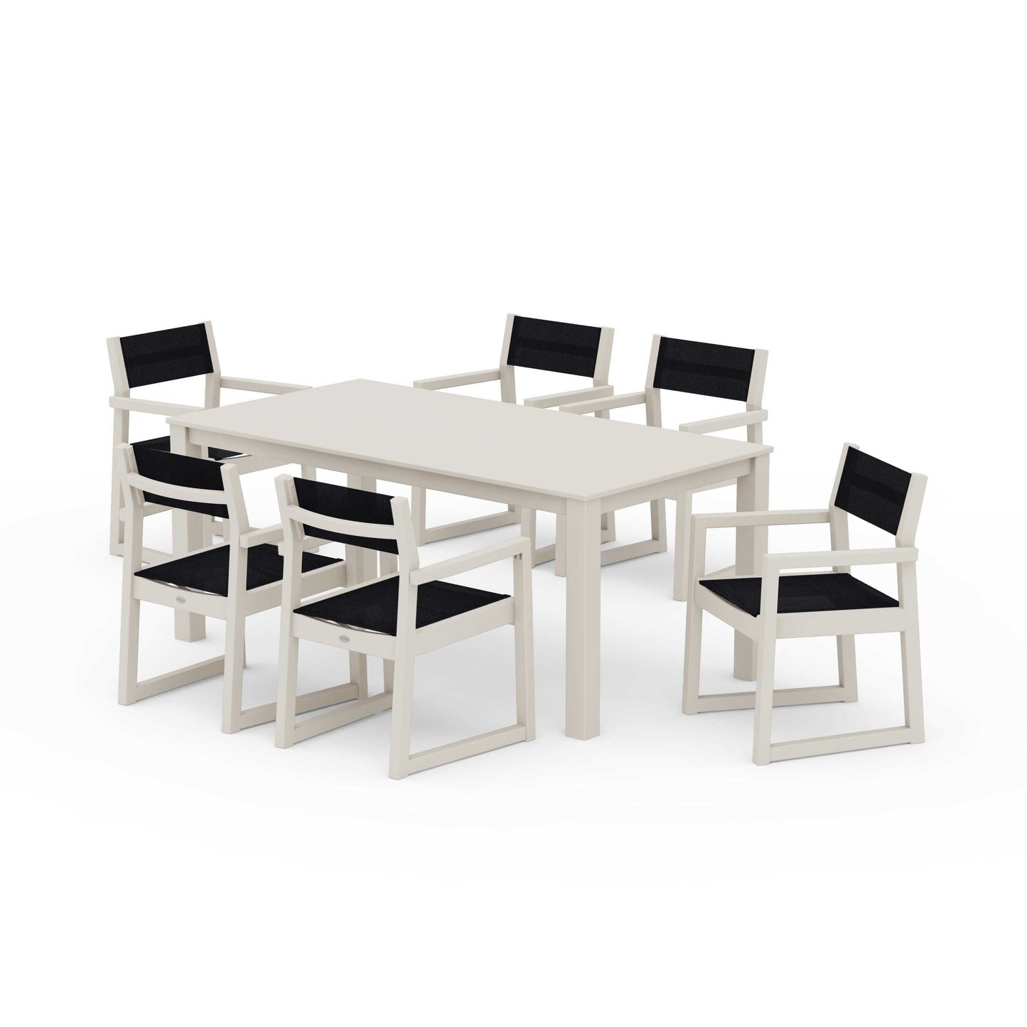 POLYWOOD EDGE Sling Arm Chair 7-Piece Parsons Dining Set — Sand / Black Sling