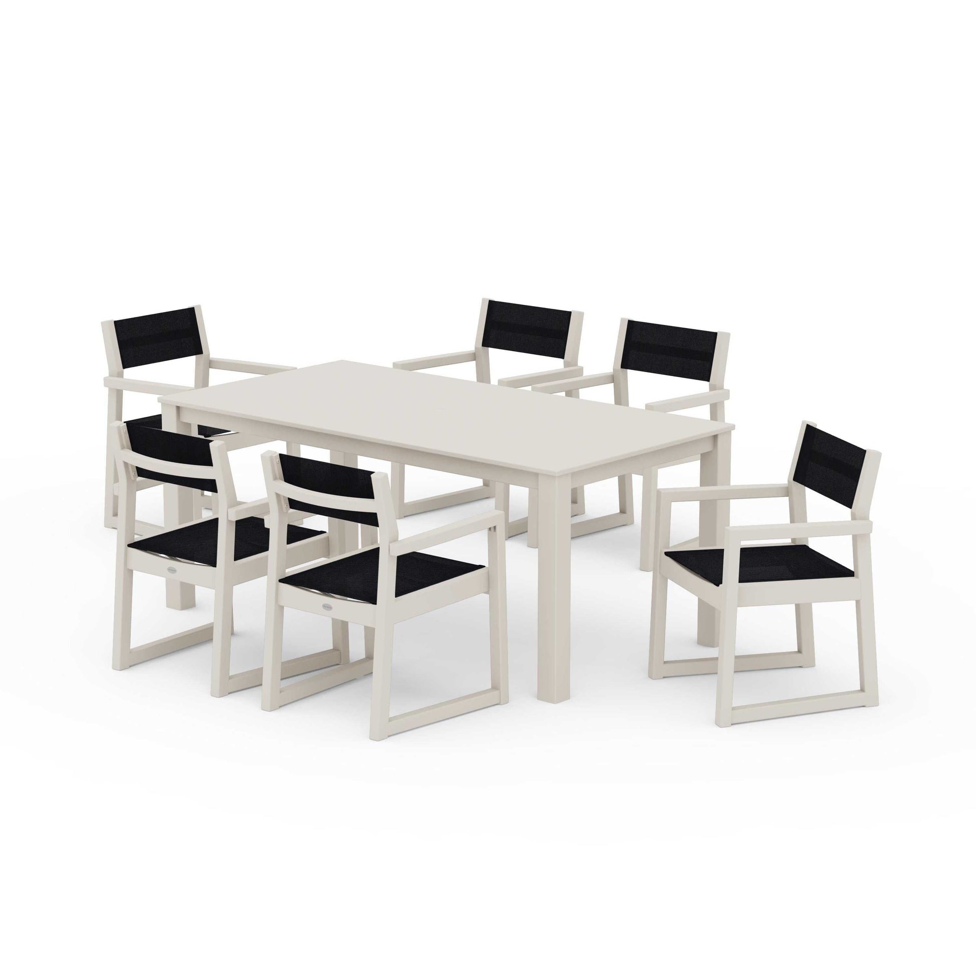 POLYWOOD EDGE Sling Arm Chair 7-Piece Parsons Dining Set — Sand / Black Sling