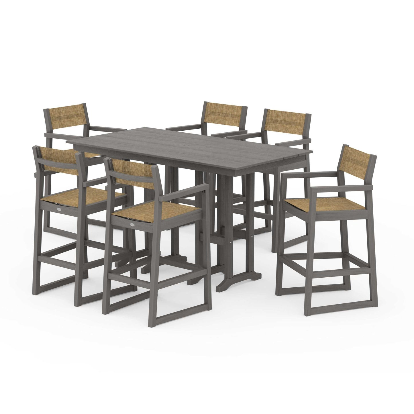 POLYWOOD EDGE Sling Arm Chair 7-Piece Farmhouse Bar Set — Driftwood / Burlap Sling