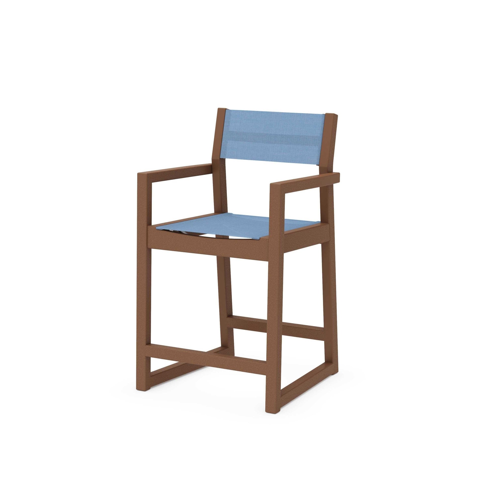 POLYWOOD EDGE Sling Counter Arm Chair — Teak / Poolside Sling