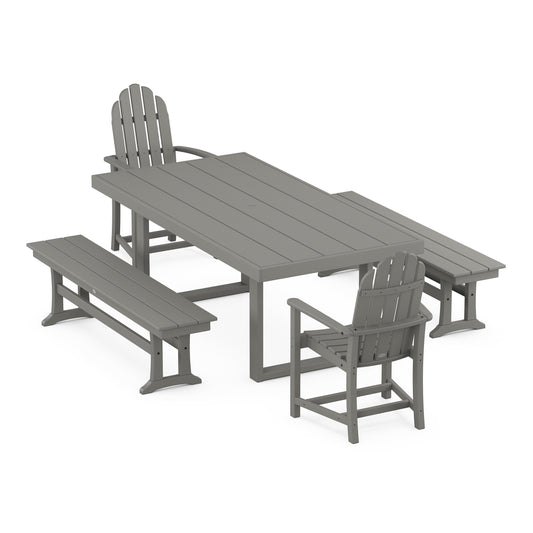 POLYWOOD Classic Adirondack 5-Piece Dining Set with Benches — Slate Grey