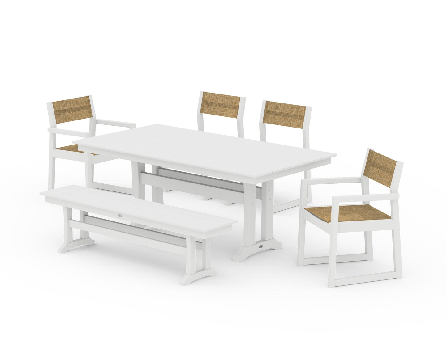 POLYWOOD EDGE Sling 6-Piece Farmhouse Dining Set With Trestle Legs — White / Burlap Sling