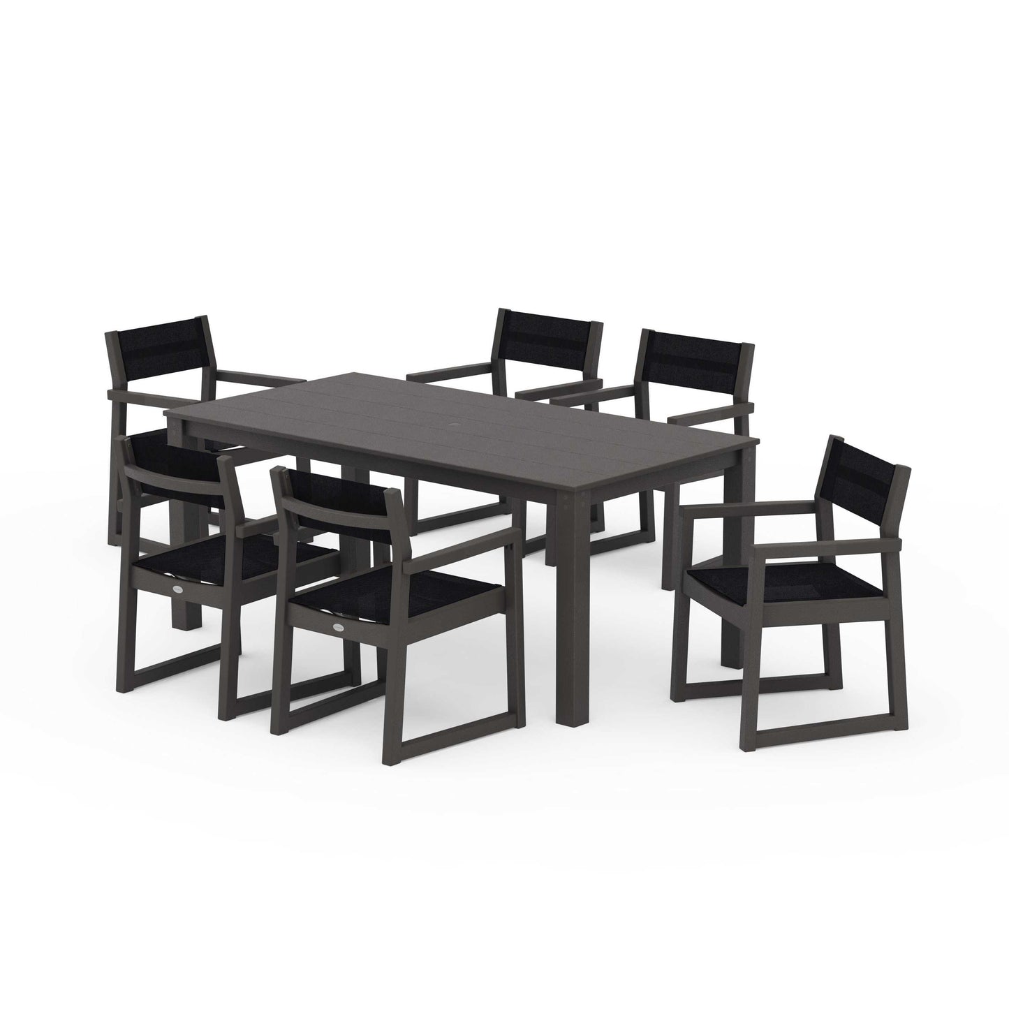POLYWOOD EDGE Sling Arm Chair 7-Piece Parsons Dining Set — Vintage Coffee / Black Sling