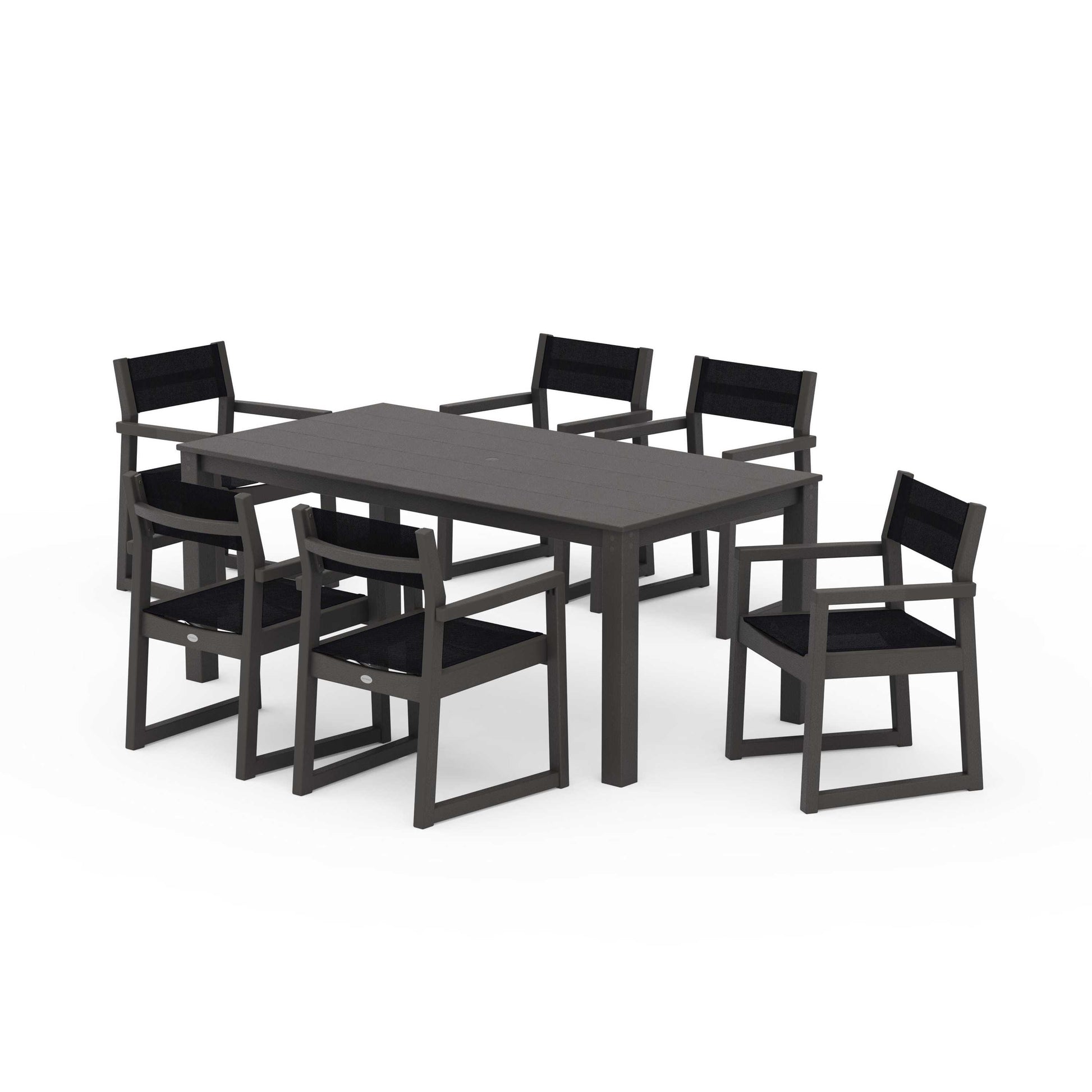 POLYWOOD EDGE Sling Arm Chair 7-Piece Parsons Dining Set — Vintage Coffee / Black Sling
