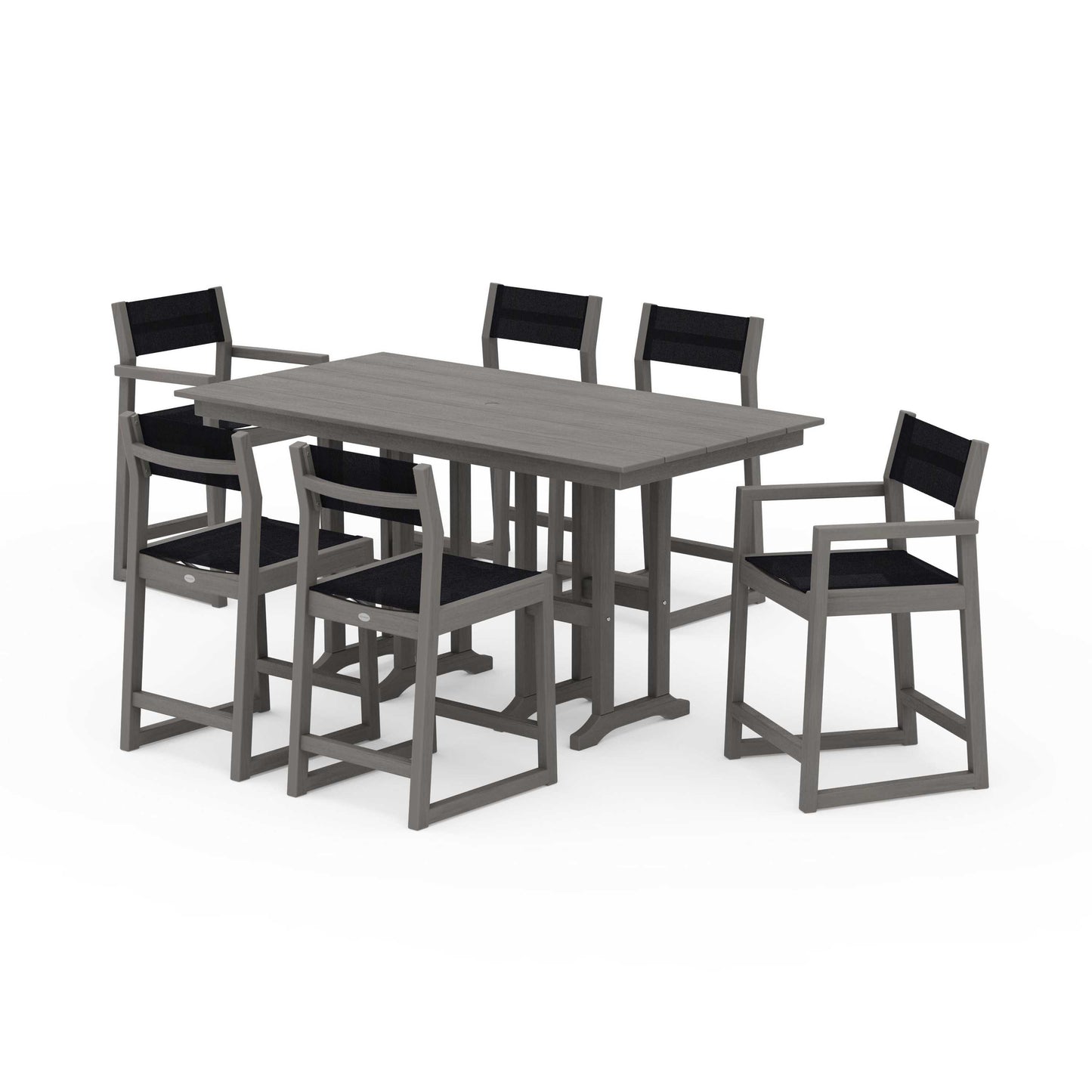 POLYWOOD EDGE Sling 7-Piece Farmhouse Counter Set with Trestle Legs — Driftwood / Black Sling