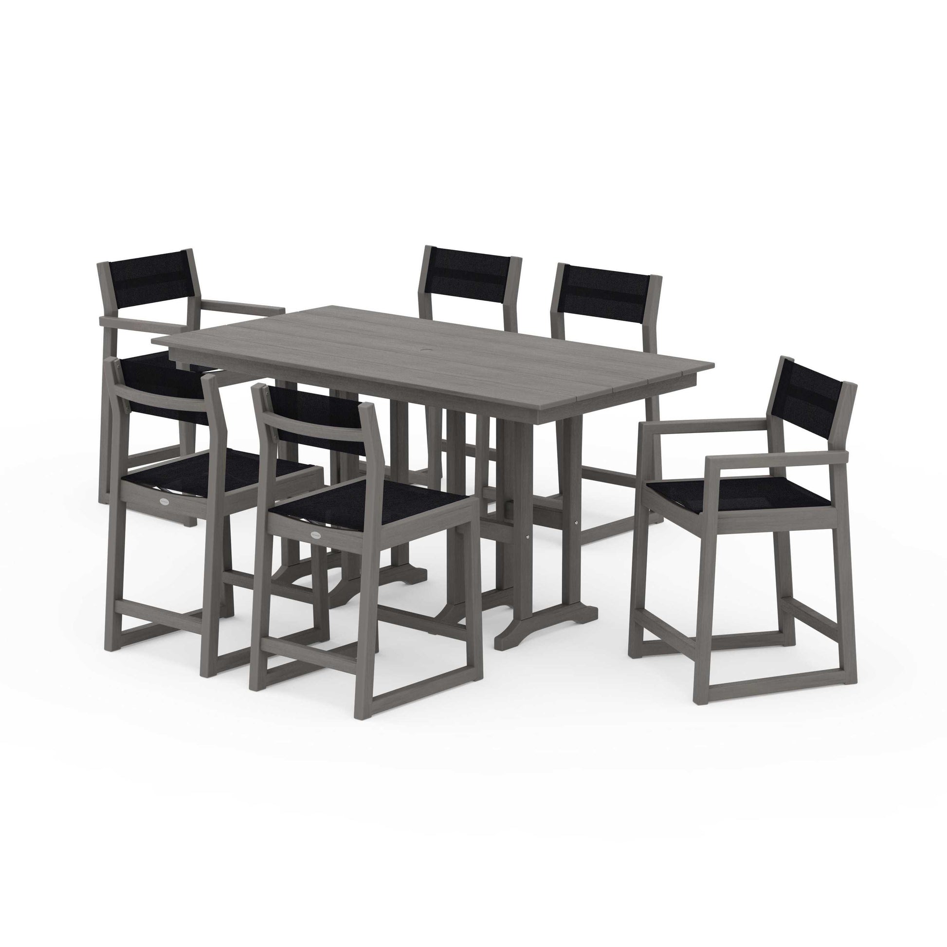POLYWOOD EDGE Sling 7-Piece Farmhouse Counter Set with Trestle Legs — Driftwood / Black Sling