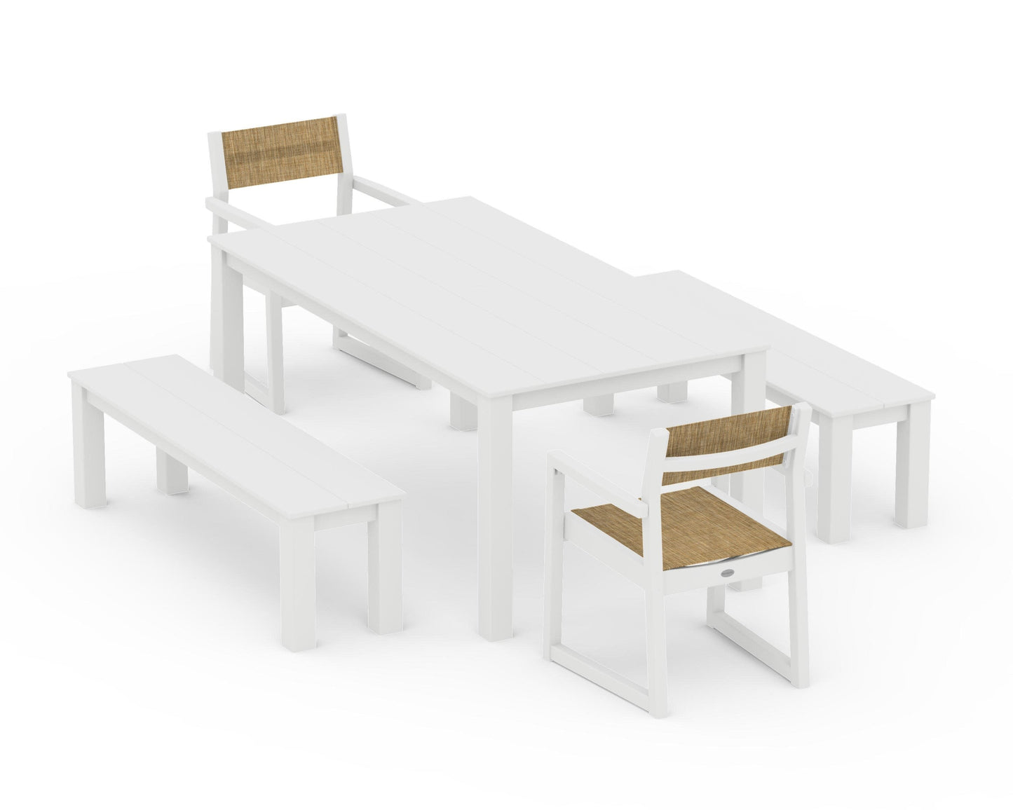POLYWOOD EDGE Sling Arm Chair 5-Piece Parsons Dining Set with Benches — White / Burlap Sling