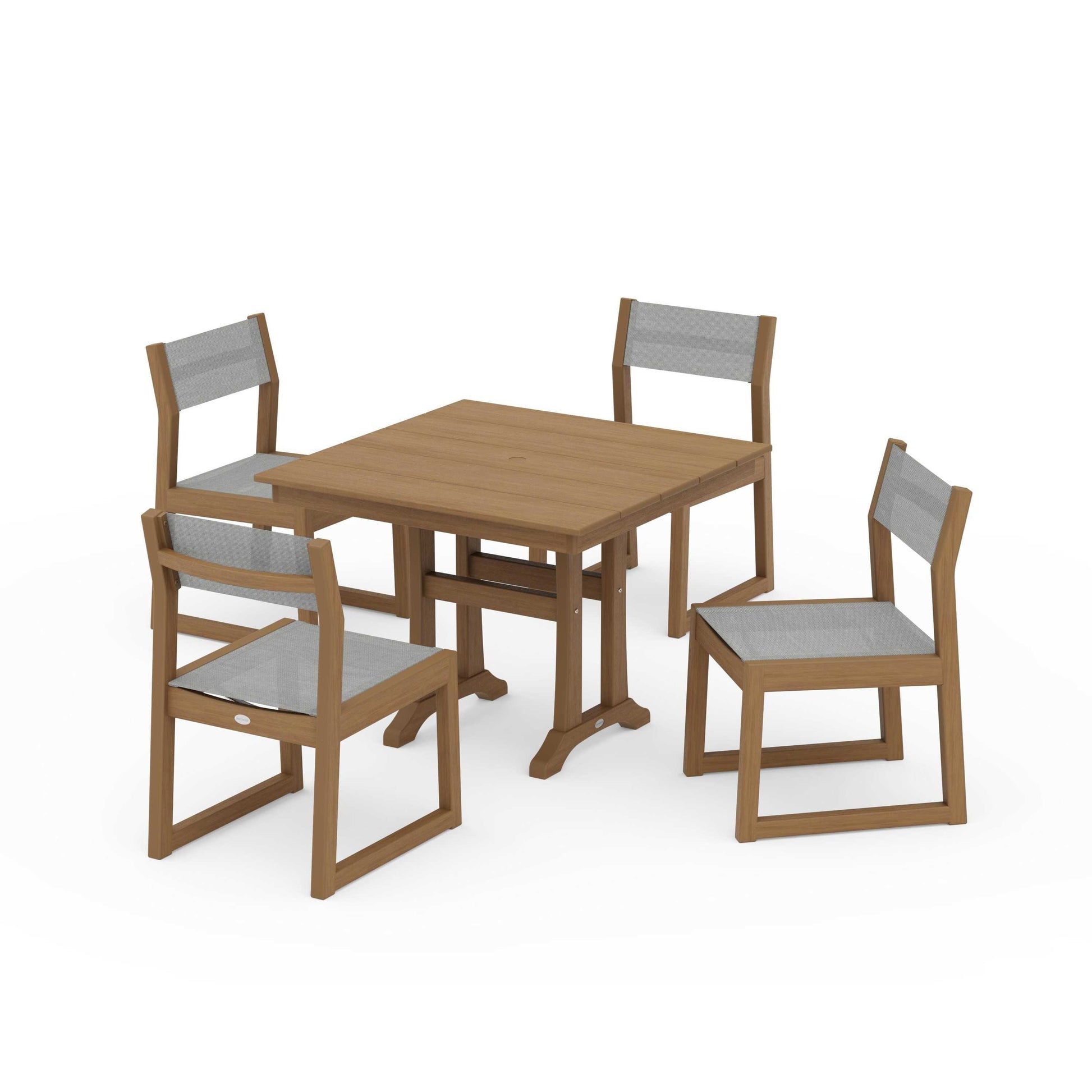 POLYWOOD EDGE Sling 5-Piece Farmhouse Trestle Side Chair Dining Set — Natural / Metallic Sling