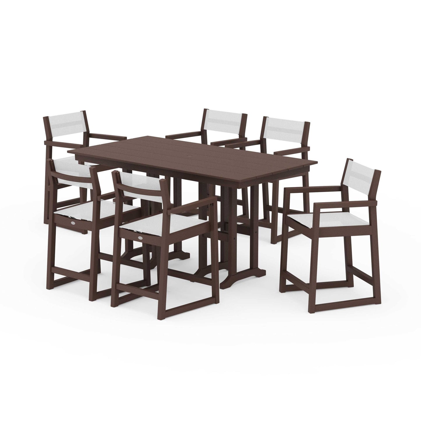 POLYWOOD EDGE Sling Arm Chair 7-Piece Farmhouse Counter Set — Mahogany / White Sling