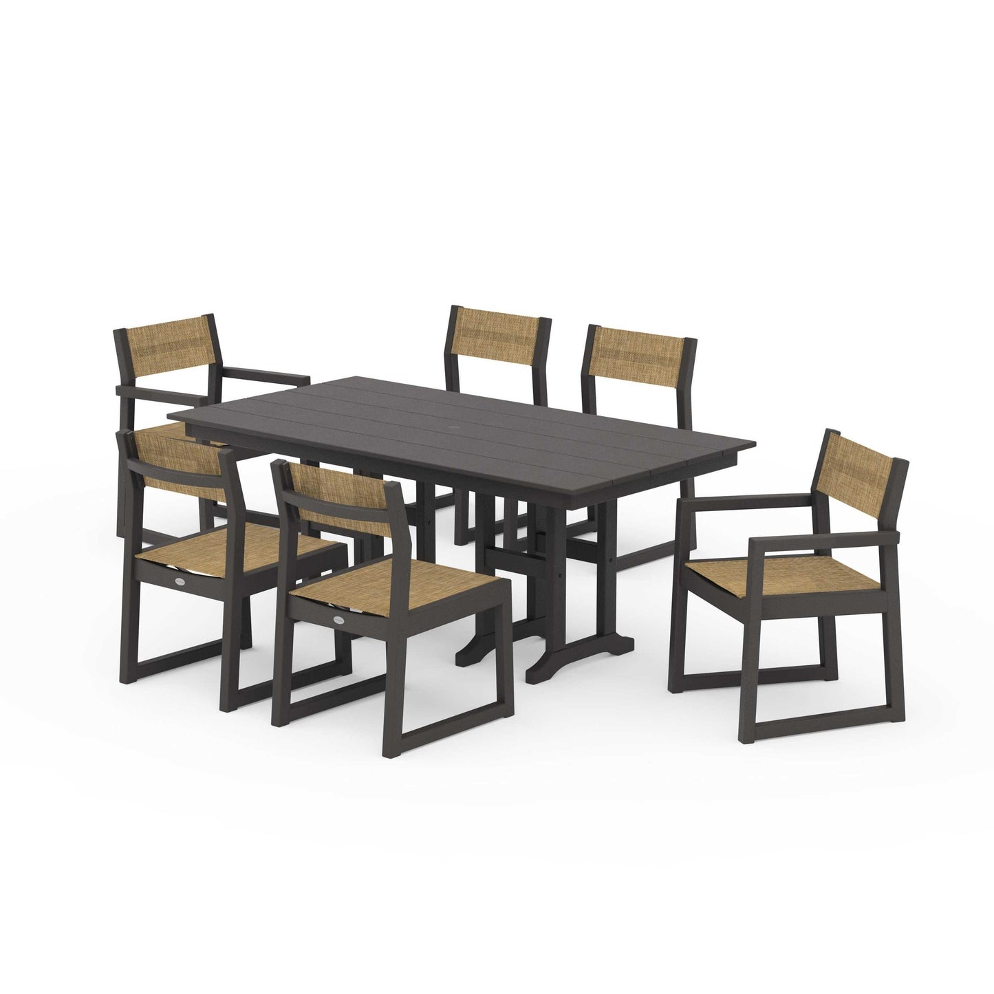 POLYWOOD EDGE Sling 7-Piece Farmhouse Dining Set — Vintage Coffee / Burlap Sling
