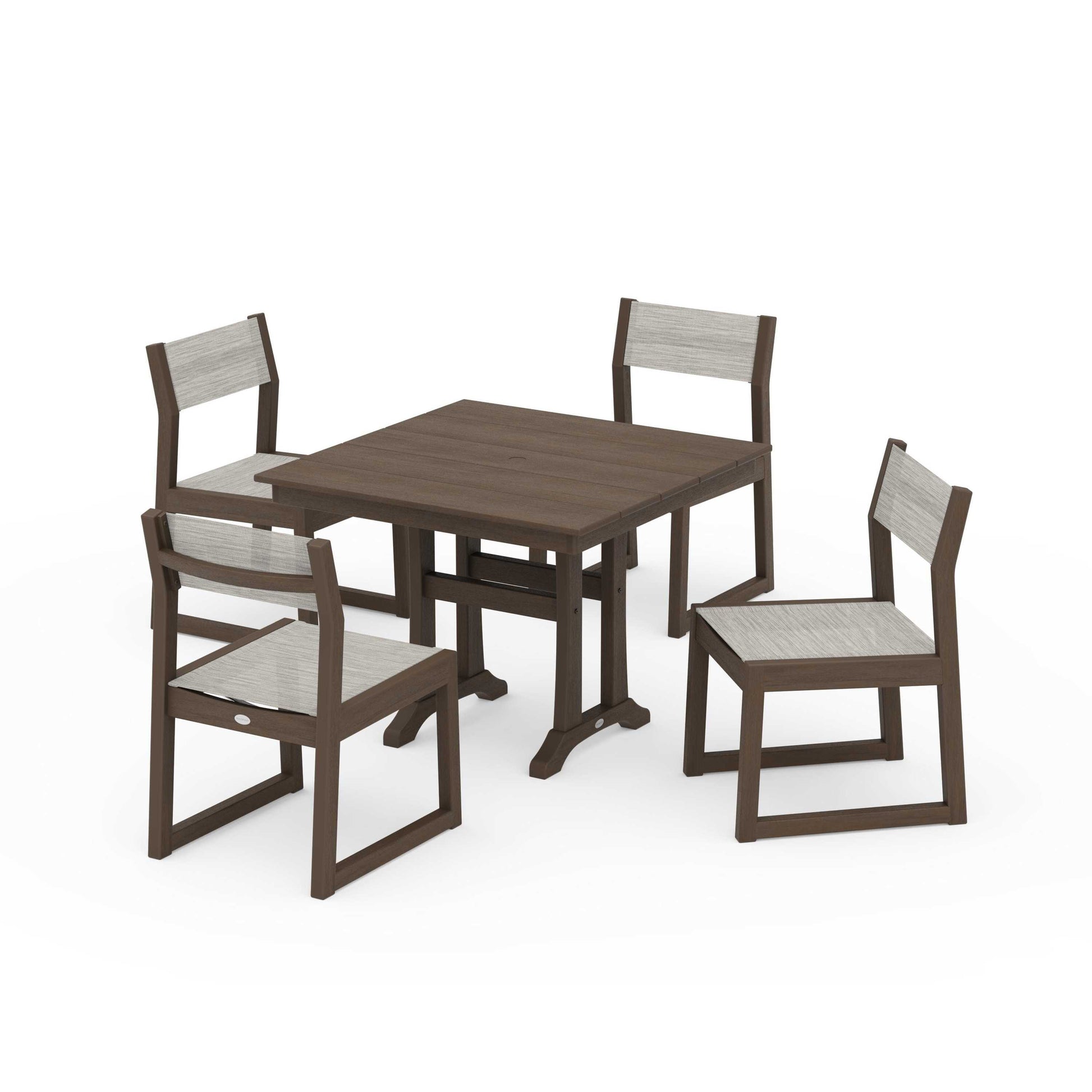 POLYWOOD EDGE Sling 5-Piece Farmhouse Trestle Side Chair Dining Set — Kona / Birch Sling