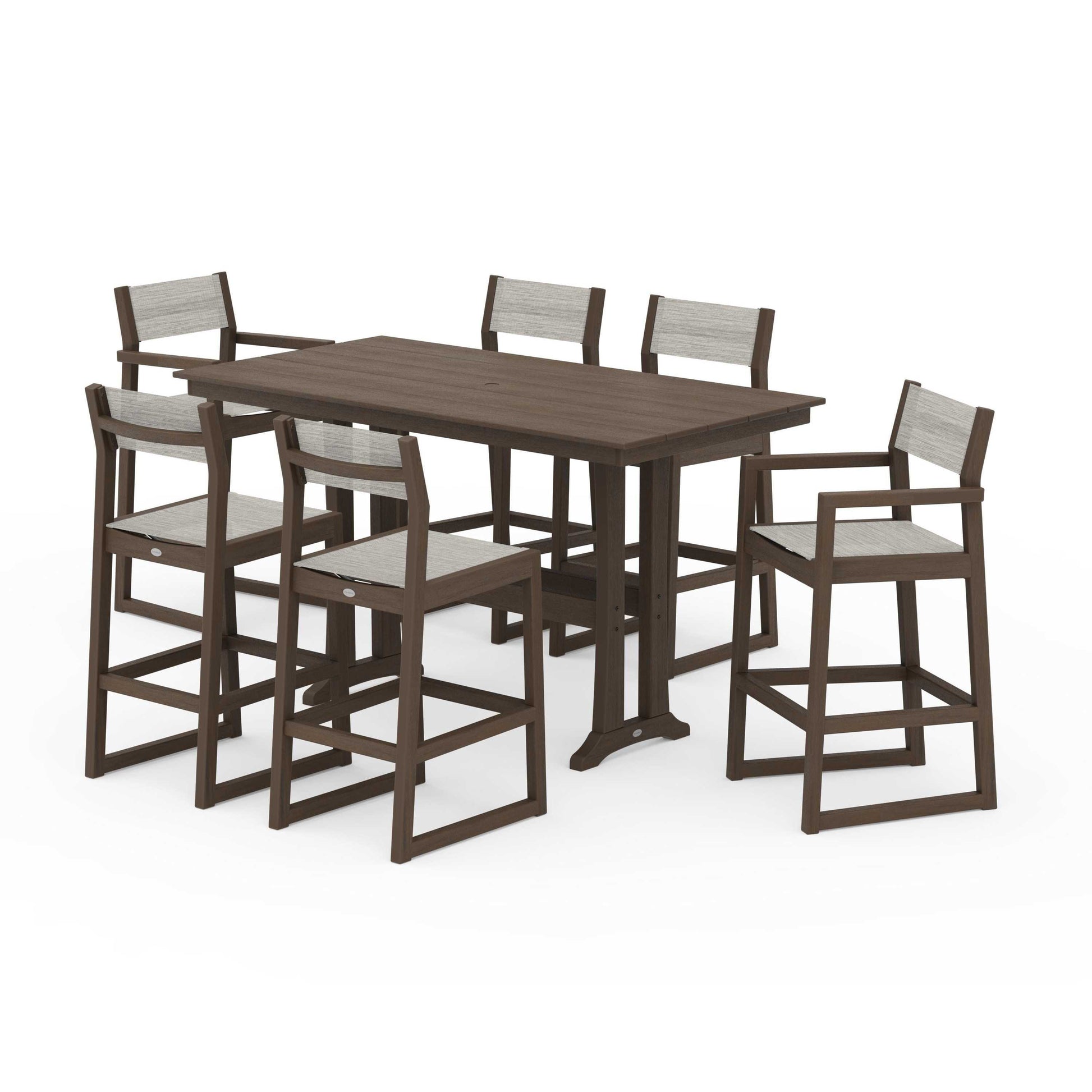 POLYWOOD EDGE Sling 7-Piece Farmhouse Bar Set with Trestle Legs — Kona / Birch Sling