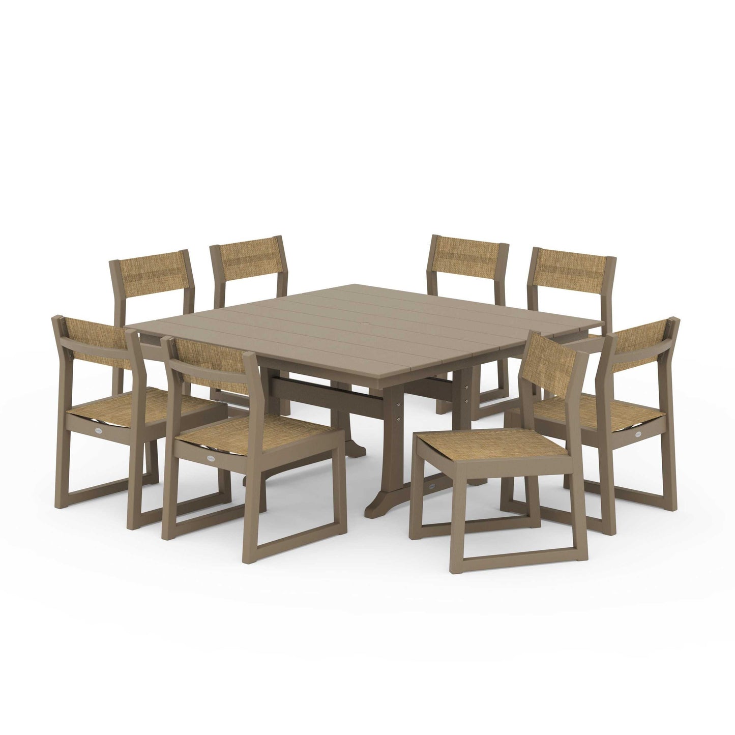 POLYWOOD EDGE Sling Side Chair 9-Piece Farmhouse Trestle Dining Set — Vintage Sahara / Burlap Sling