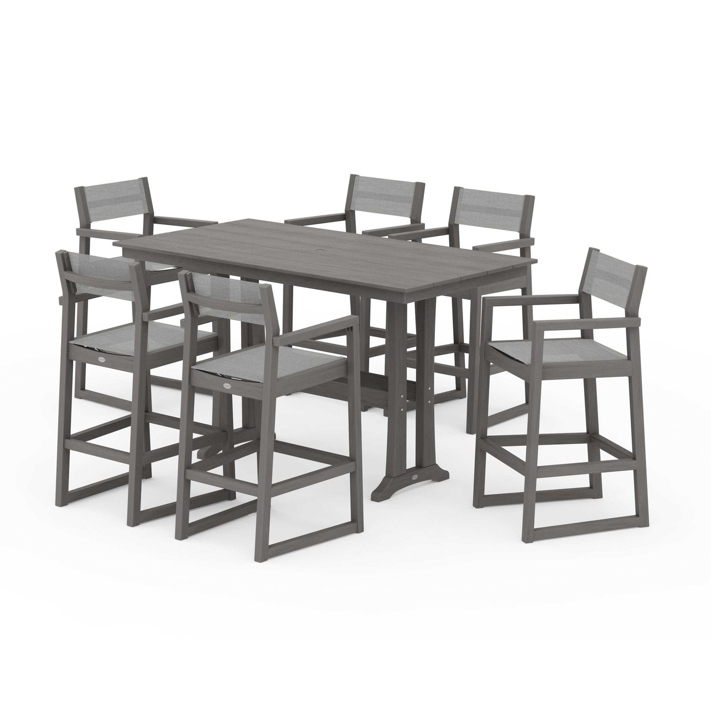 POLYWOOD EDGE Sling Arm Chair 7-Piece Farmhouse Bar Set with Trestle Legs — Driftwood / Metallic Sling
