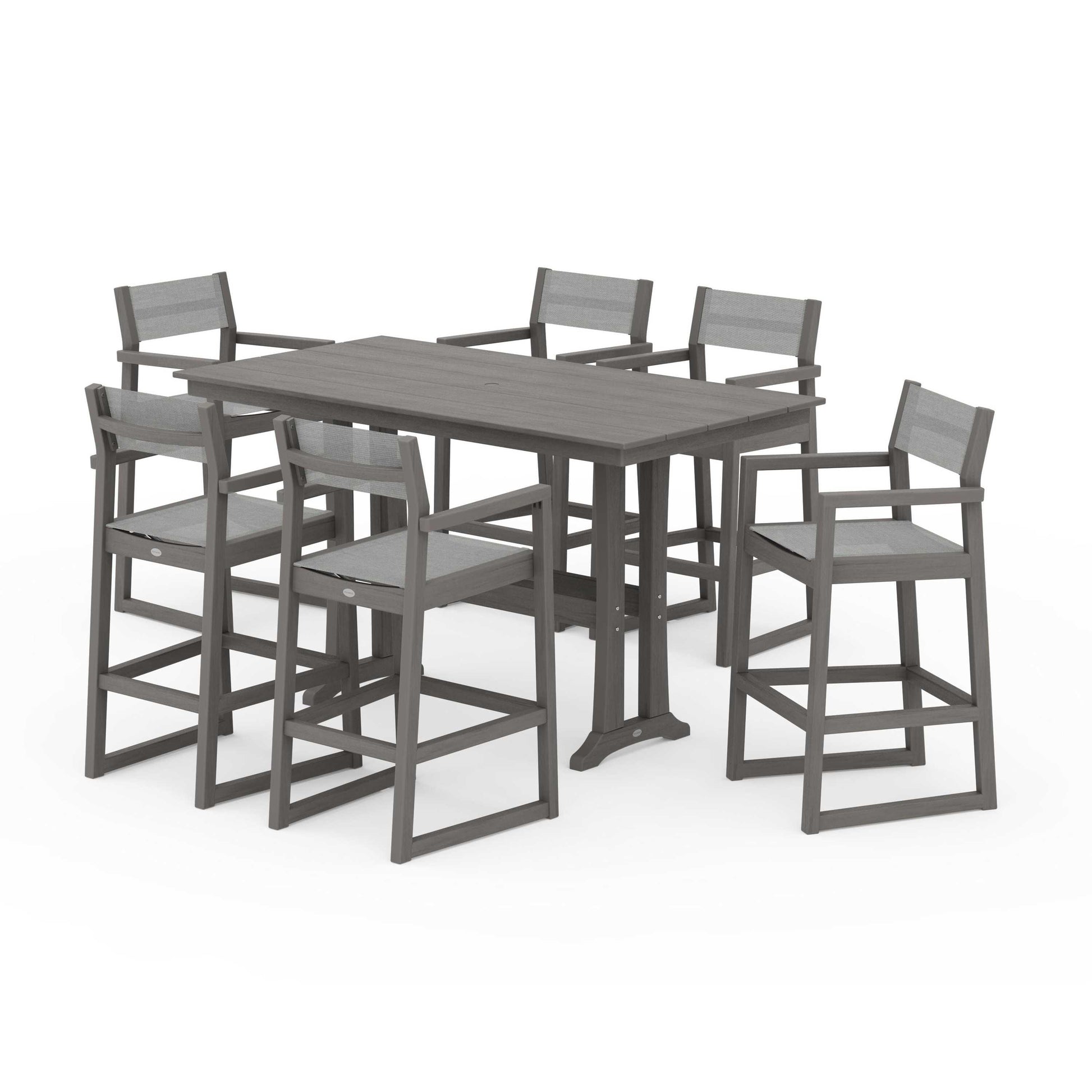 POLYWOOD EDGE Sling Arm Chair 7-Piece Farmhouse Bar Set with Trestle Legs — Driftwood / Metallic Sling