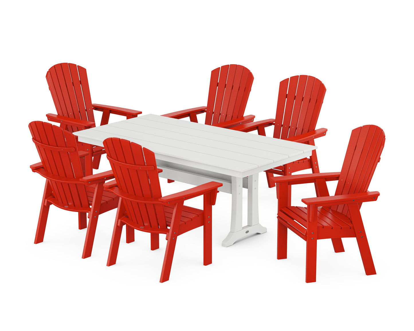 POLYWOOD Nautical Curveback Adirondack 7-Piece Farmhouse Dining Set with Trestle Legs — Sunset Red / White