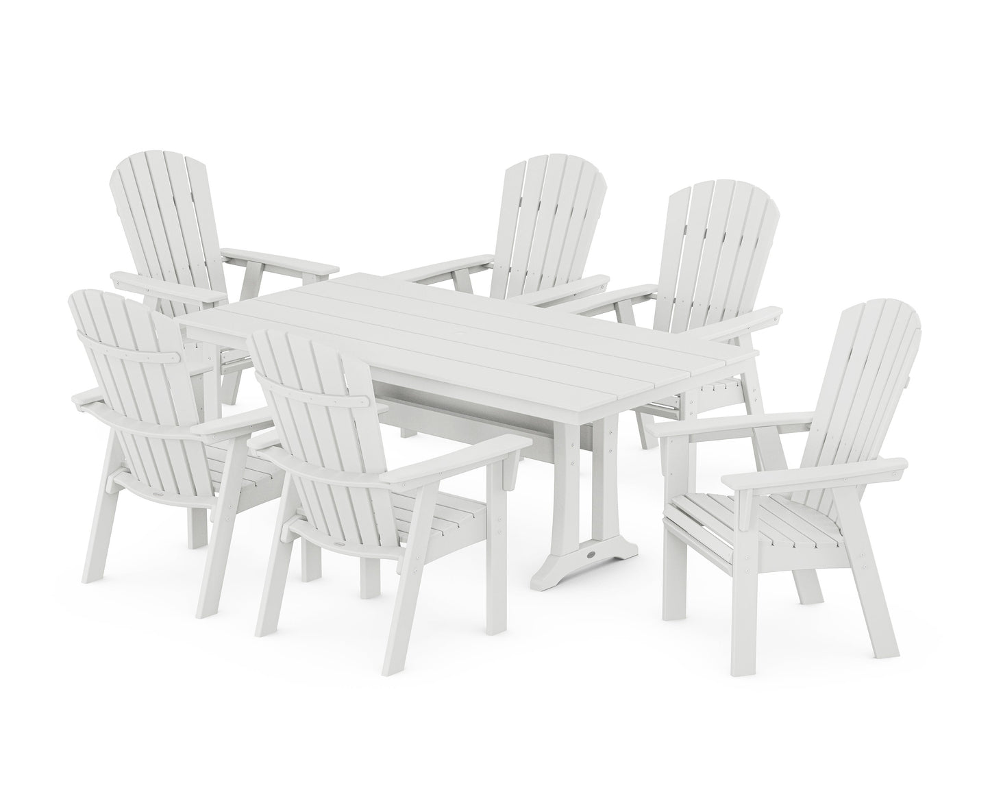 POLYWOOD Nautical Curveback Adirondack 7-Piece Farmhouse Dining Set with Trestle Legs — White