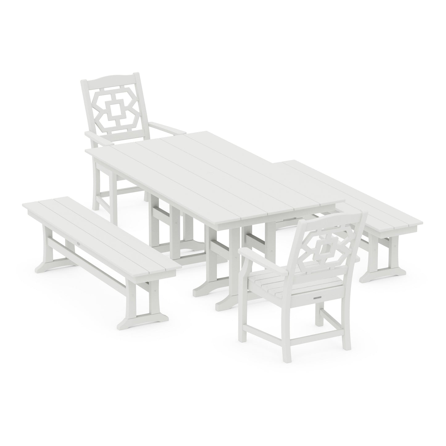 POLYWOOD Chinoiserie 5-Piece Farmhouse Dining Set with Benches — Vintage White