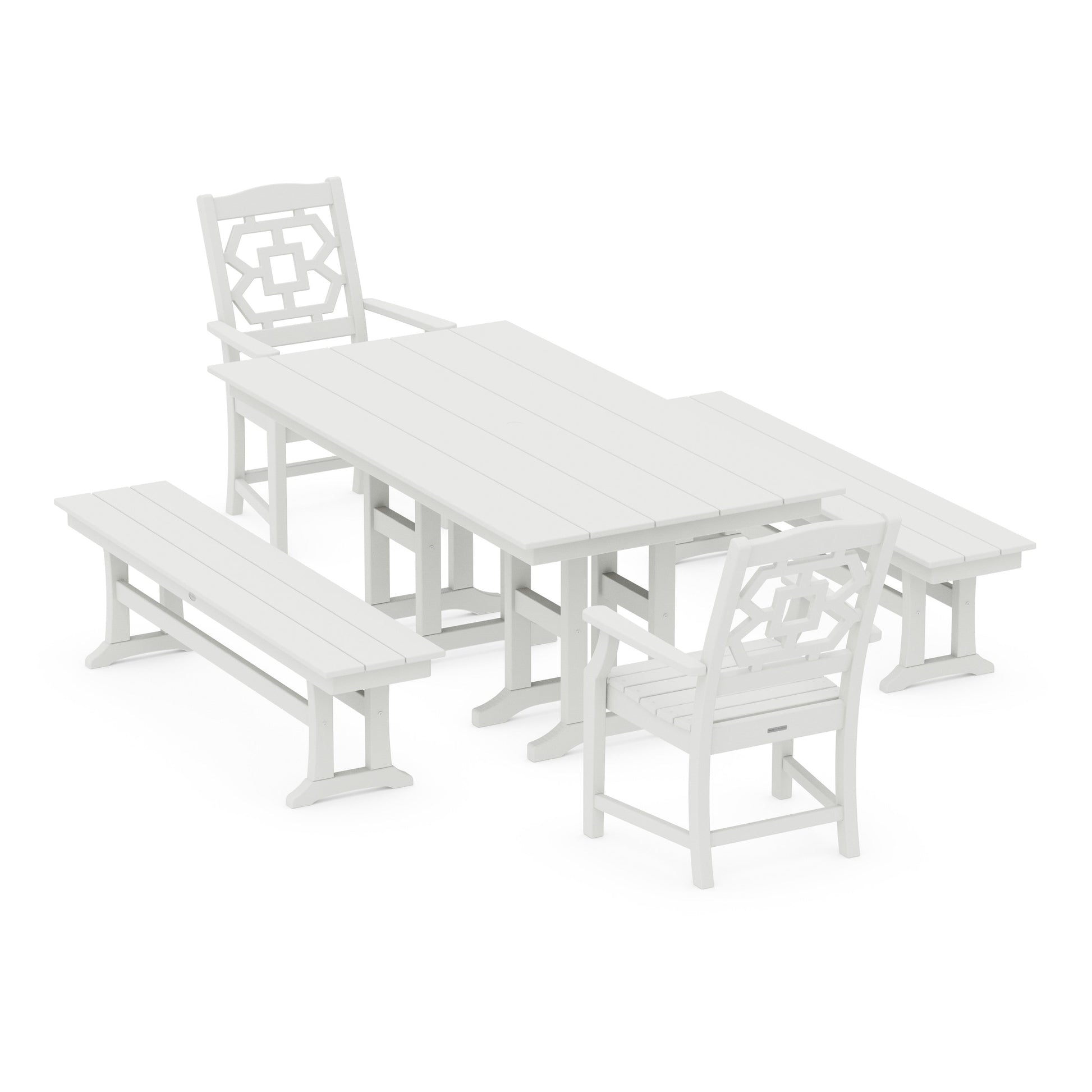 POLYWOOD Chinoiserie 5-Piece Farmhouse Dining Set with Benches — Vintage White