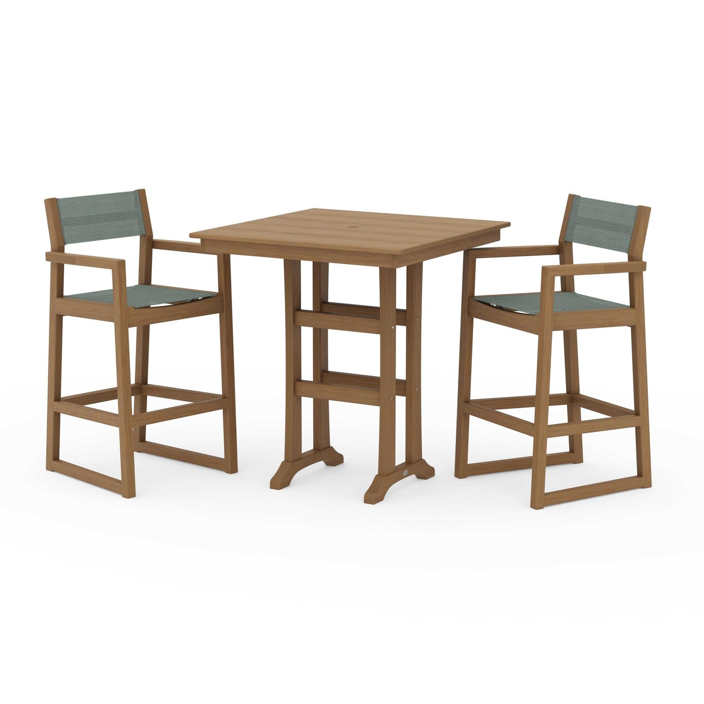 POLYWOOD EDGE Sling Arm Chair 3-Piece Farmhouse Bar Set with Trestle Legs — Natural / Dupioni Sea Mist Sling