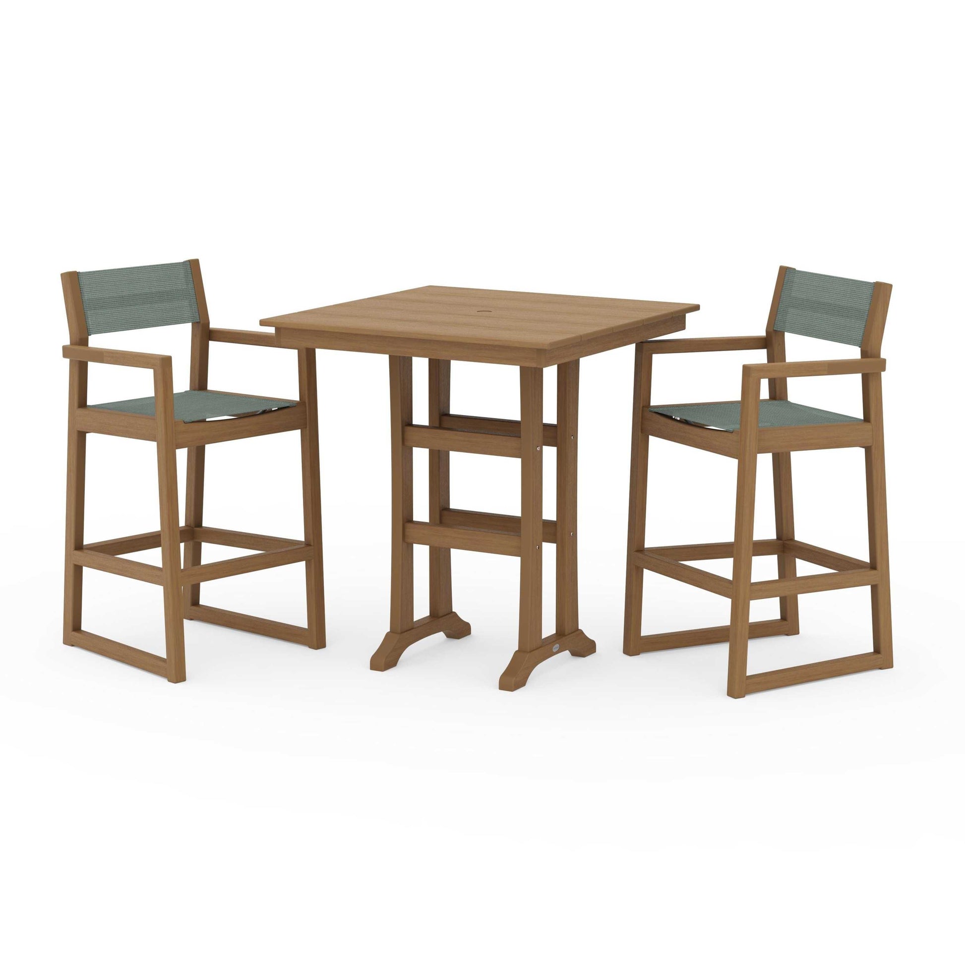 POLYWOOD EDGE Sling Arm Chair 3-Piece Farmhouse Bar Set with Trestle Legs — Natural / Dupioni Sea Mist Sling