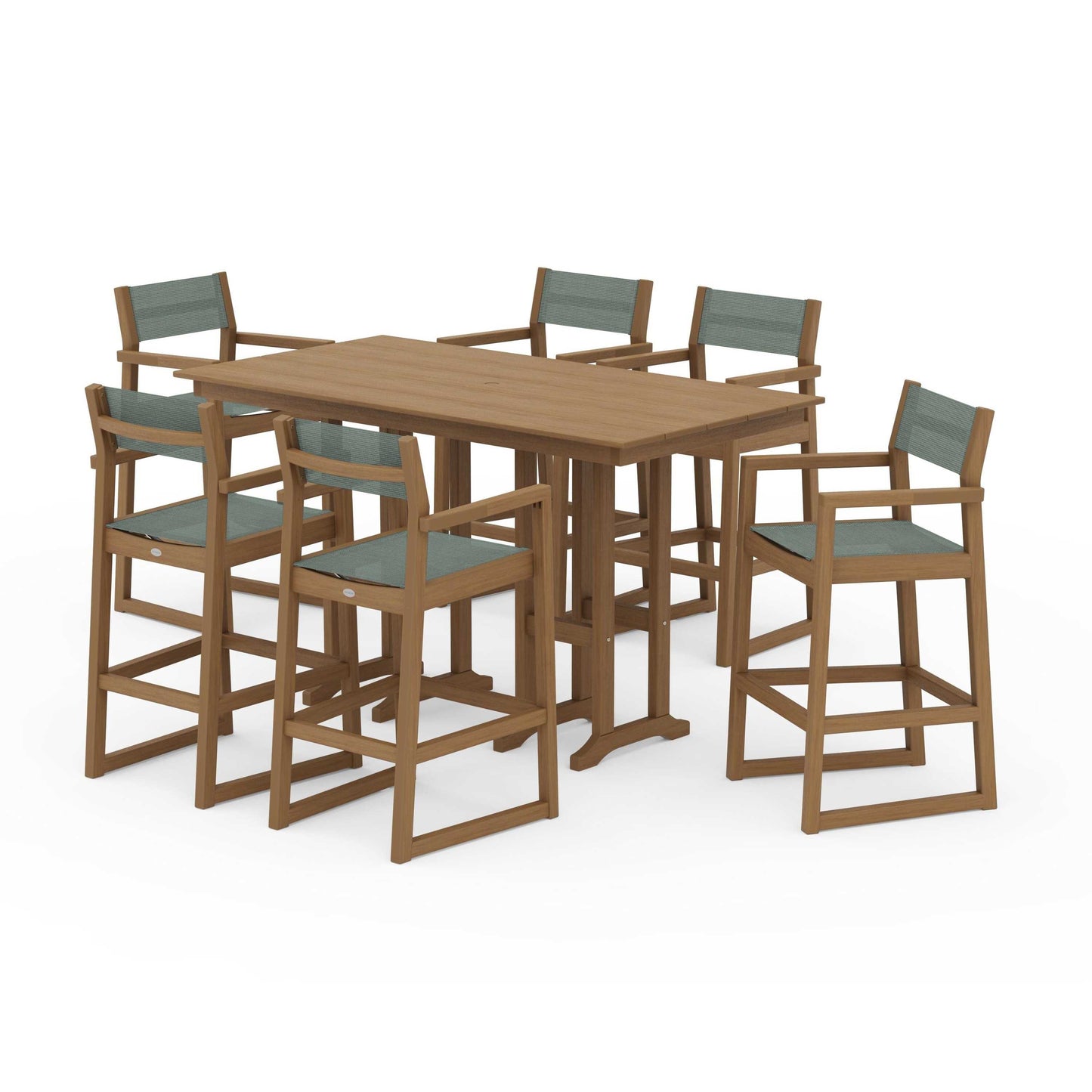 POLYWOOD EDGE Sling Arm Chair 7-Piece Farmhouse Bar Set — Natural / Dupioni Sea Mist Sling