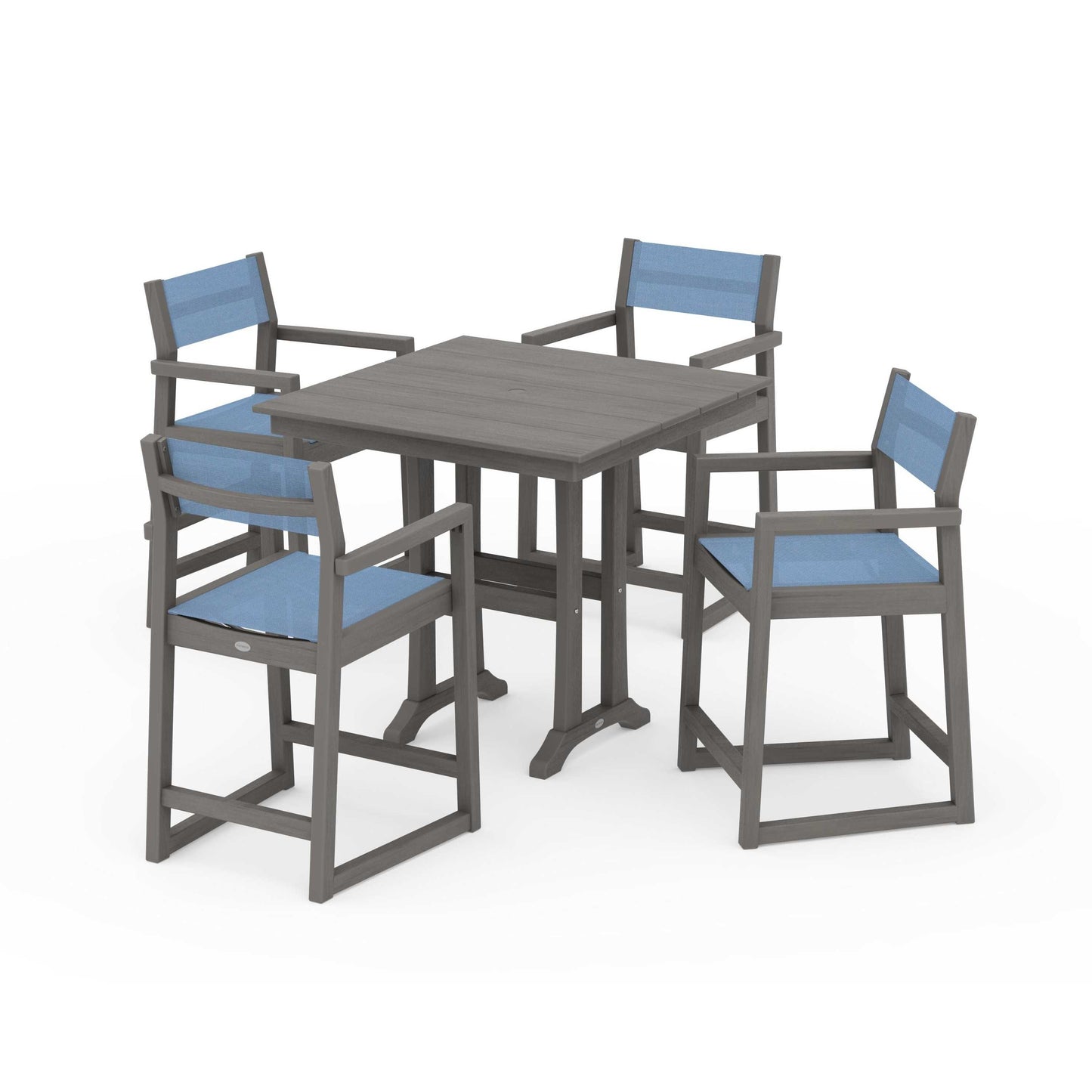 POLYWOOD EDGE Sling Arm Chair 5-Piece Farmhouse Counter Set with Trestle Legs — Driftwood / Poolside Sling