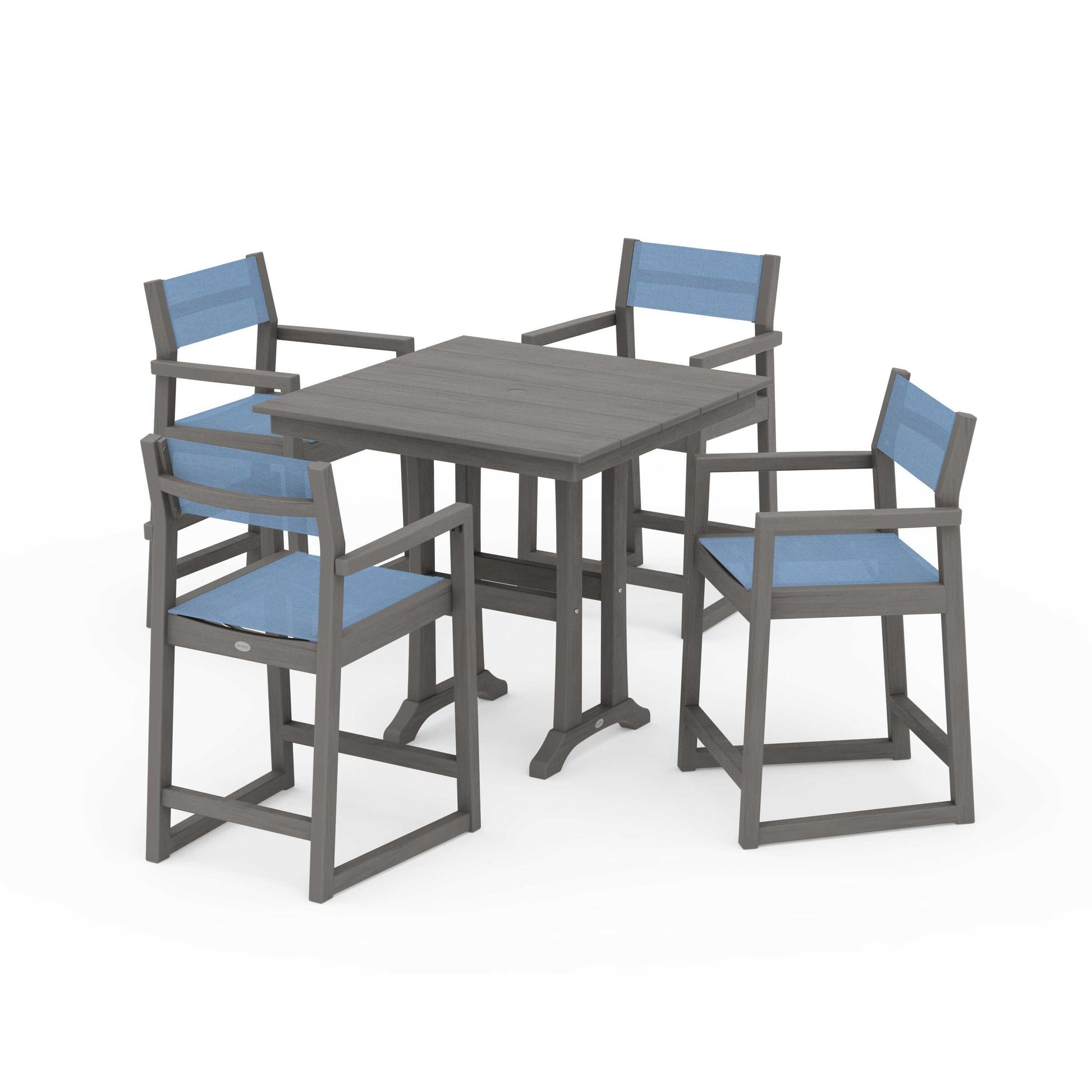 POLYWOOD EDGE Sling Arm Chair 5-Piece Farmhouse Counter Set with Trestle Legs — Driftwood / Poolside Sling