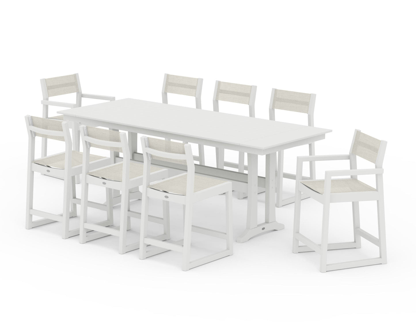 POLYWOOD EDGE Sling 9-Piece Farmhouse Counter Set with Trestle Legs — Vintage White / Parchment Sling